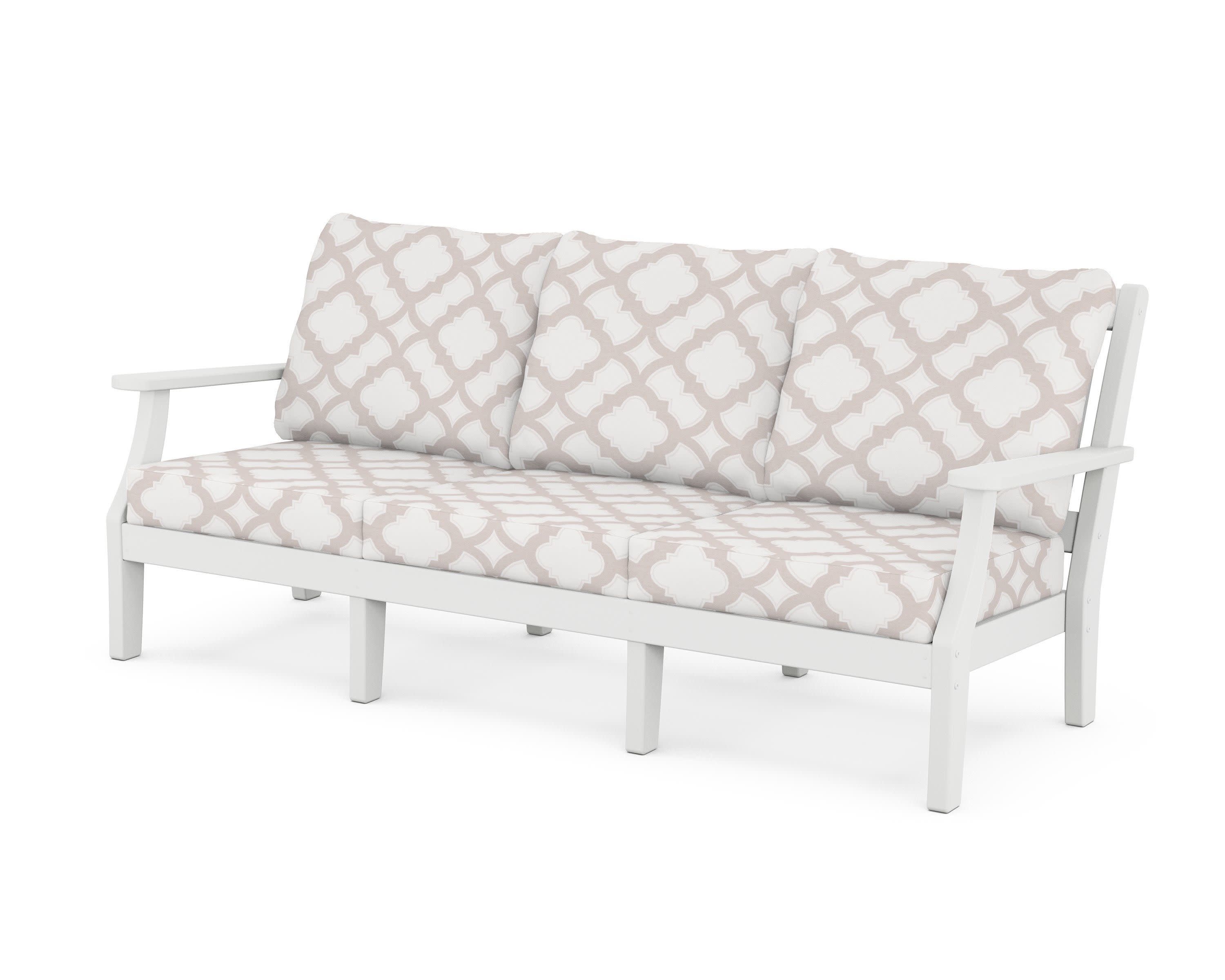 Chinoiserie Deep Seating Sofa in White / Trellis Dune Burlap