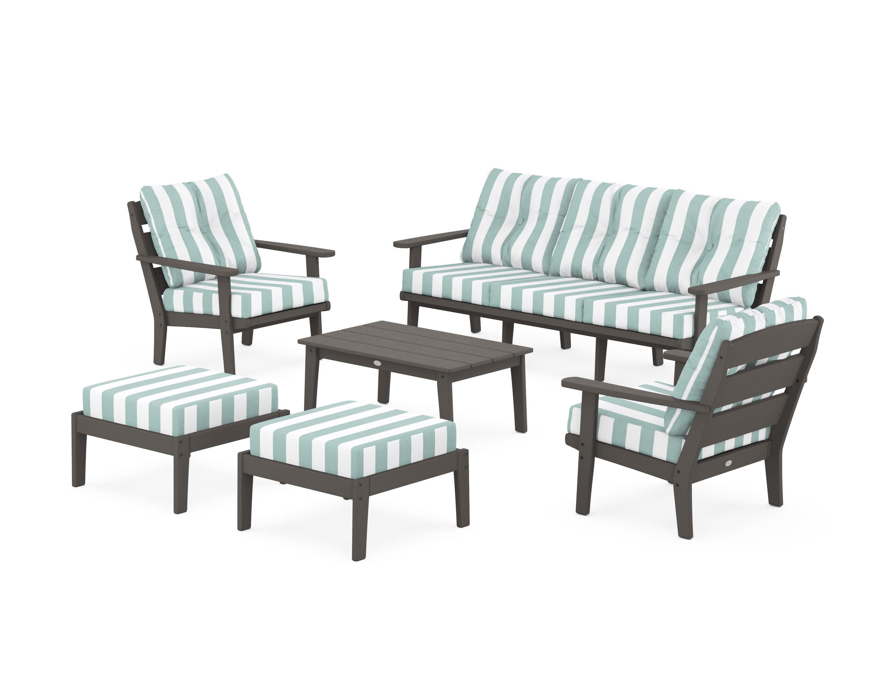 Lakeside 6-Piece Lounge Sofa Set in Vintage Coffee / Cabana Stripe Glacier Spa