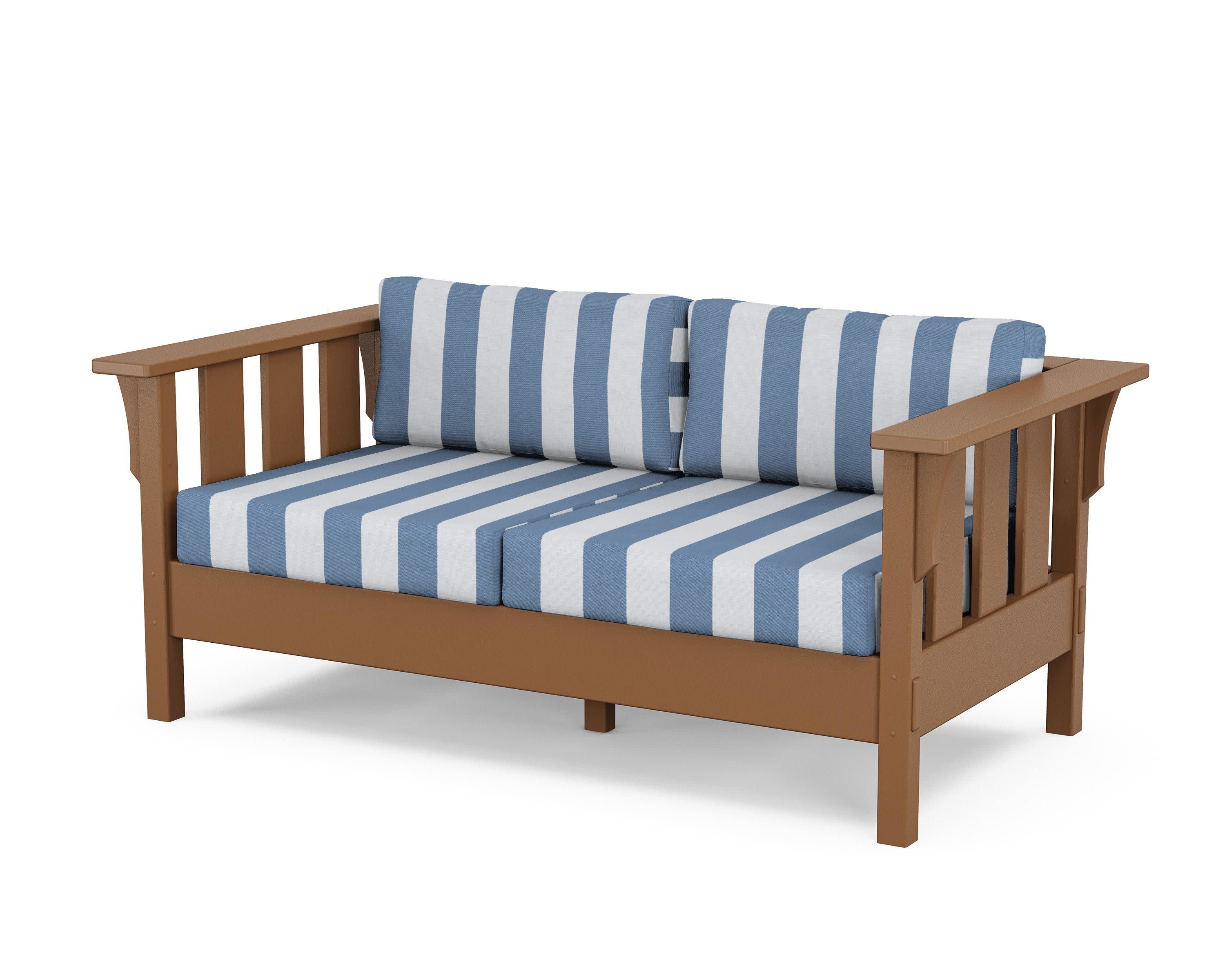 Acadia Deep Seating Loveseat in Teak / Cabana Stripe Sky Blue