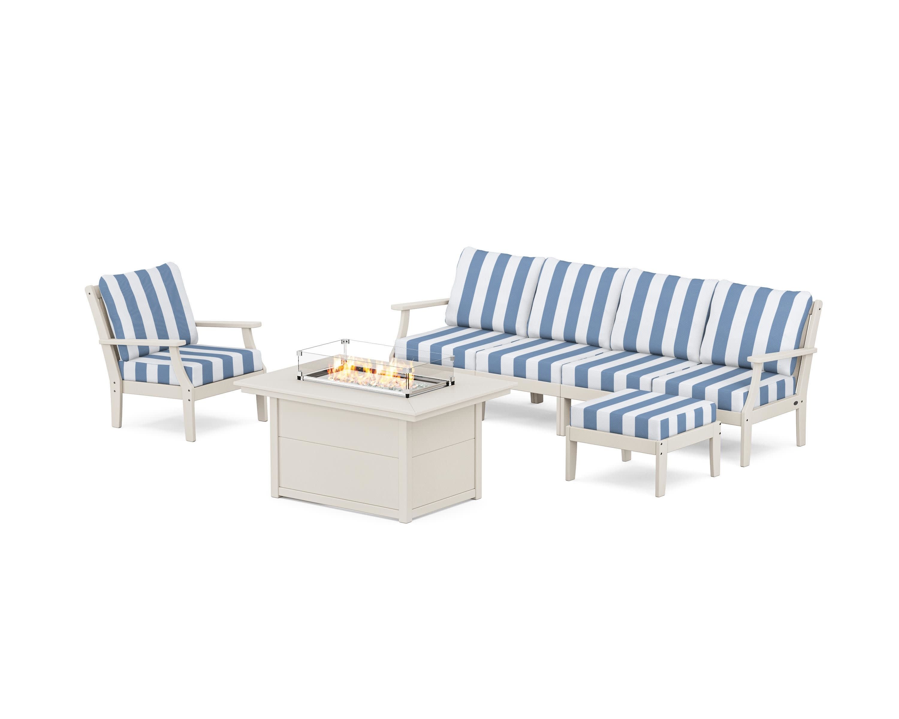 Braxton Sectional Lounge and Fire Pit Set in Sand / Cabana Stripe Sky Blue