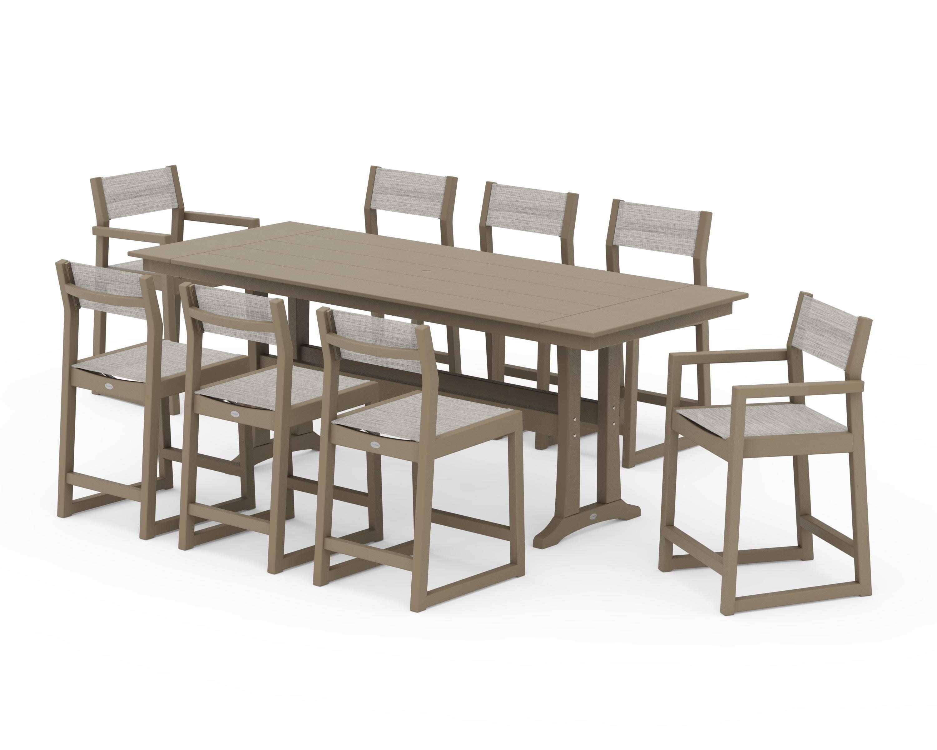 EDGE Sling 9-Piece Farmhouse Counter Set with Trestle Legs in Vintage Sahara / Birch Sling