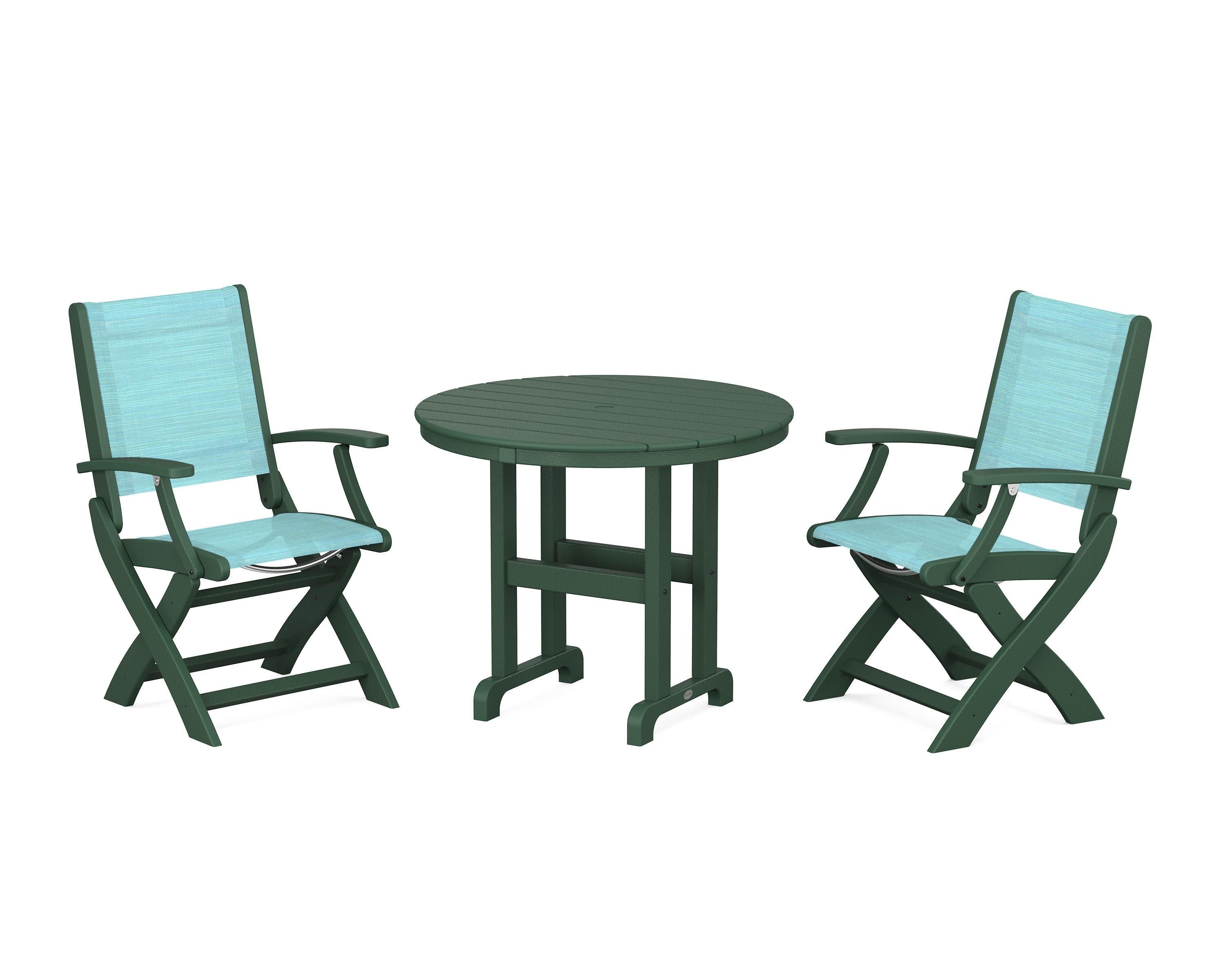 Coastal Folding Chair 3-Piece Round Dining Set in Green / Dupioni Aquamarine Sling