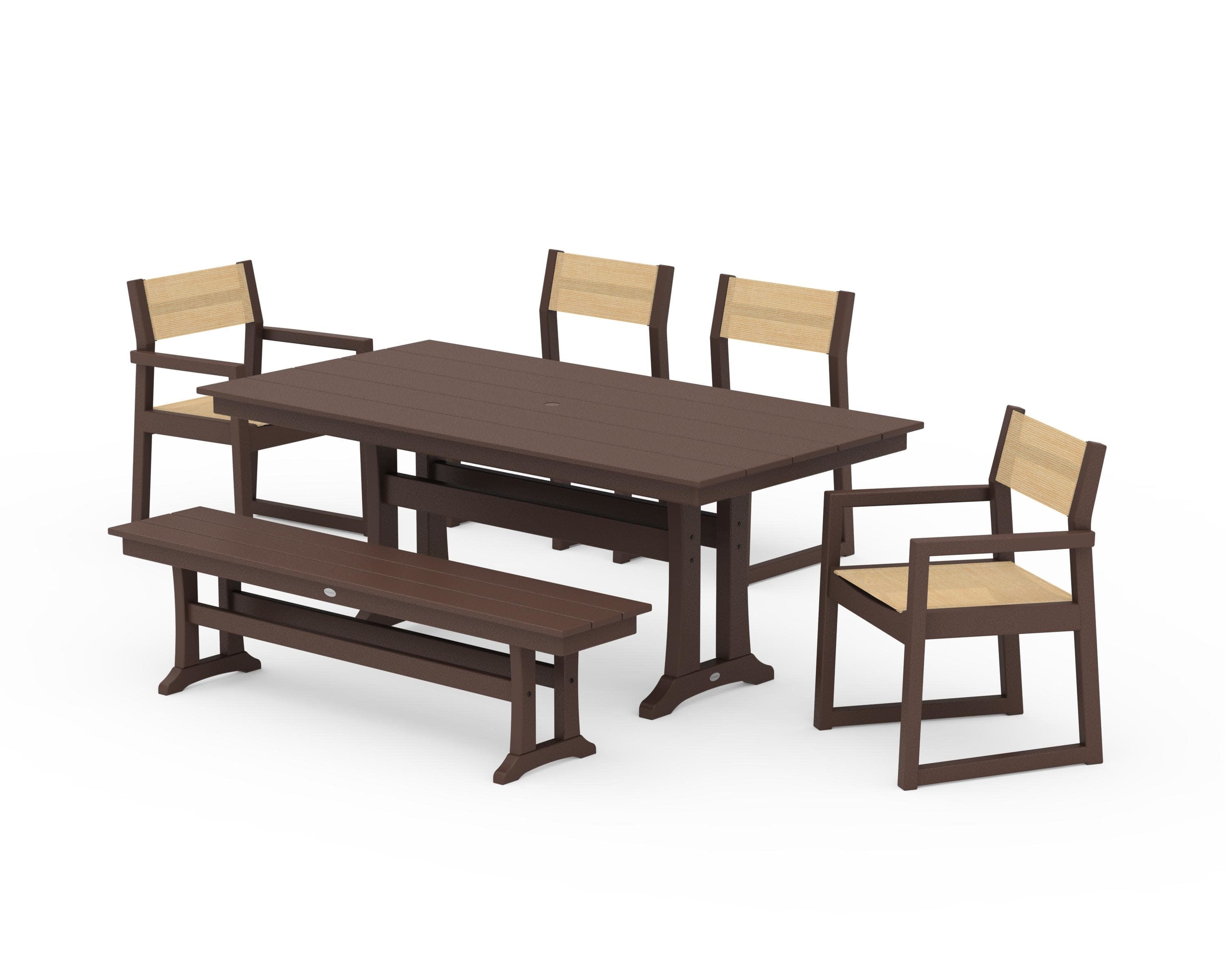 EDGE Sling 6-Piece Farmhouse Dining Set With Trestle Legs in Mahogany / Dupioni Apricot Sling