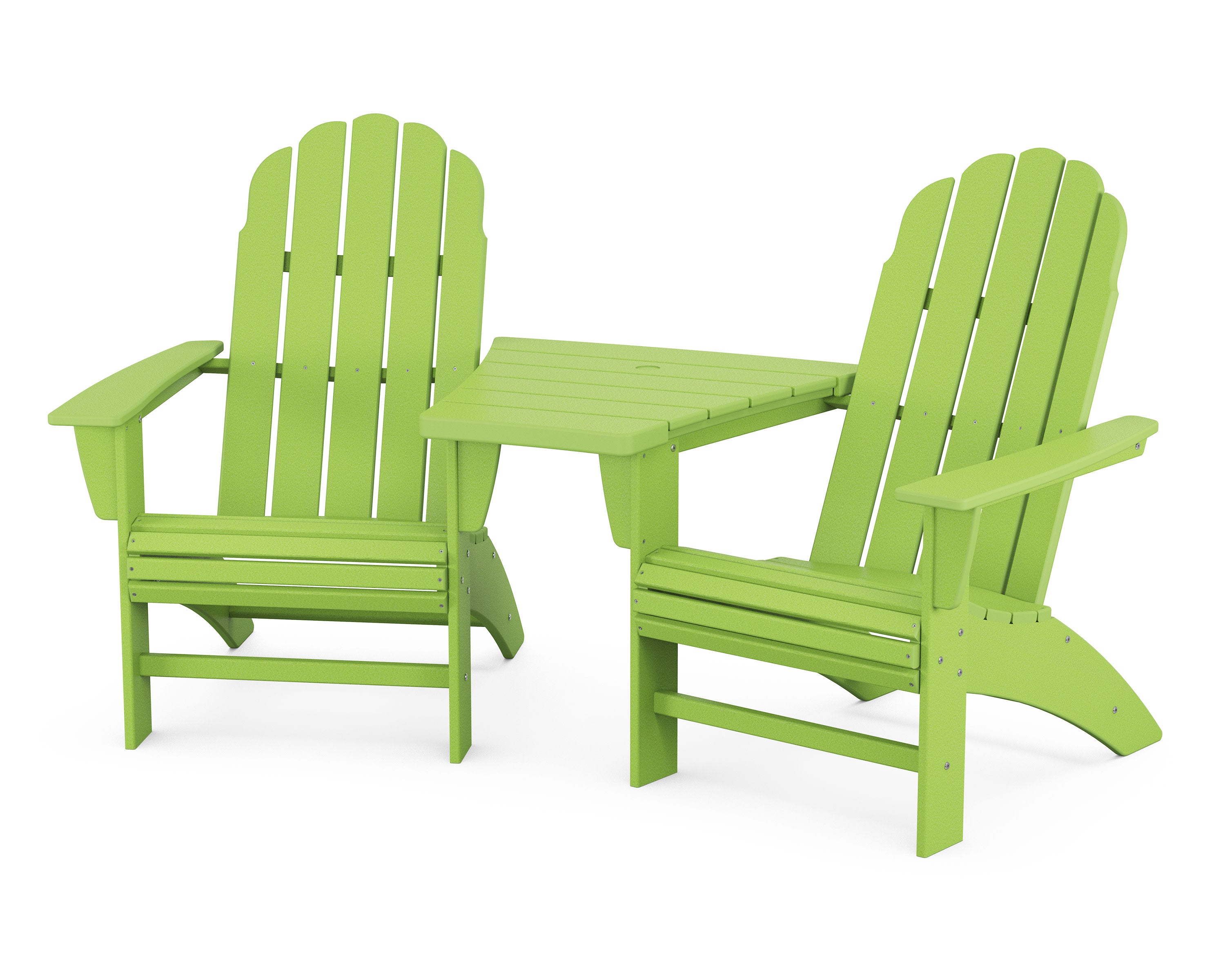 Vineyard 3-Piece Curveback Adirondack Set with Angled Connecting Table in Lime