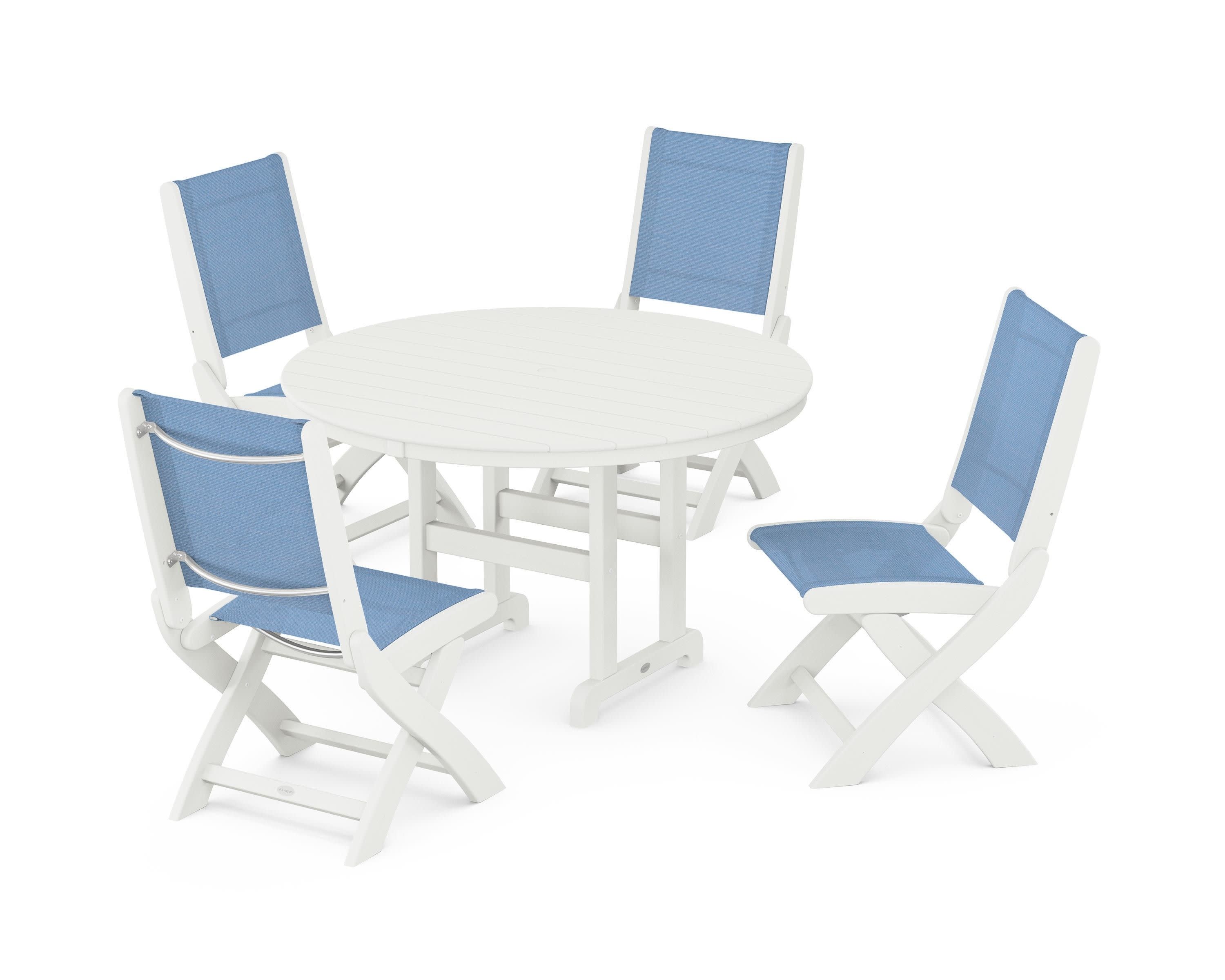 Coastal Folding Side Chair 5-Piece Round Dining Set in Vintage White / Poolside Sling