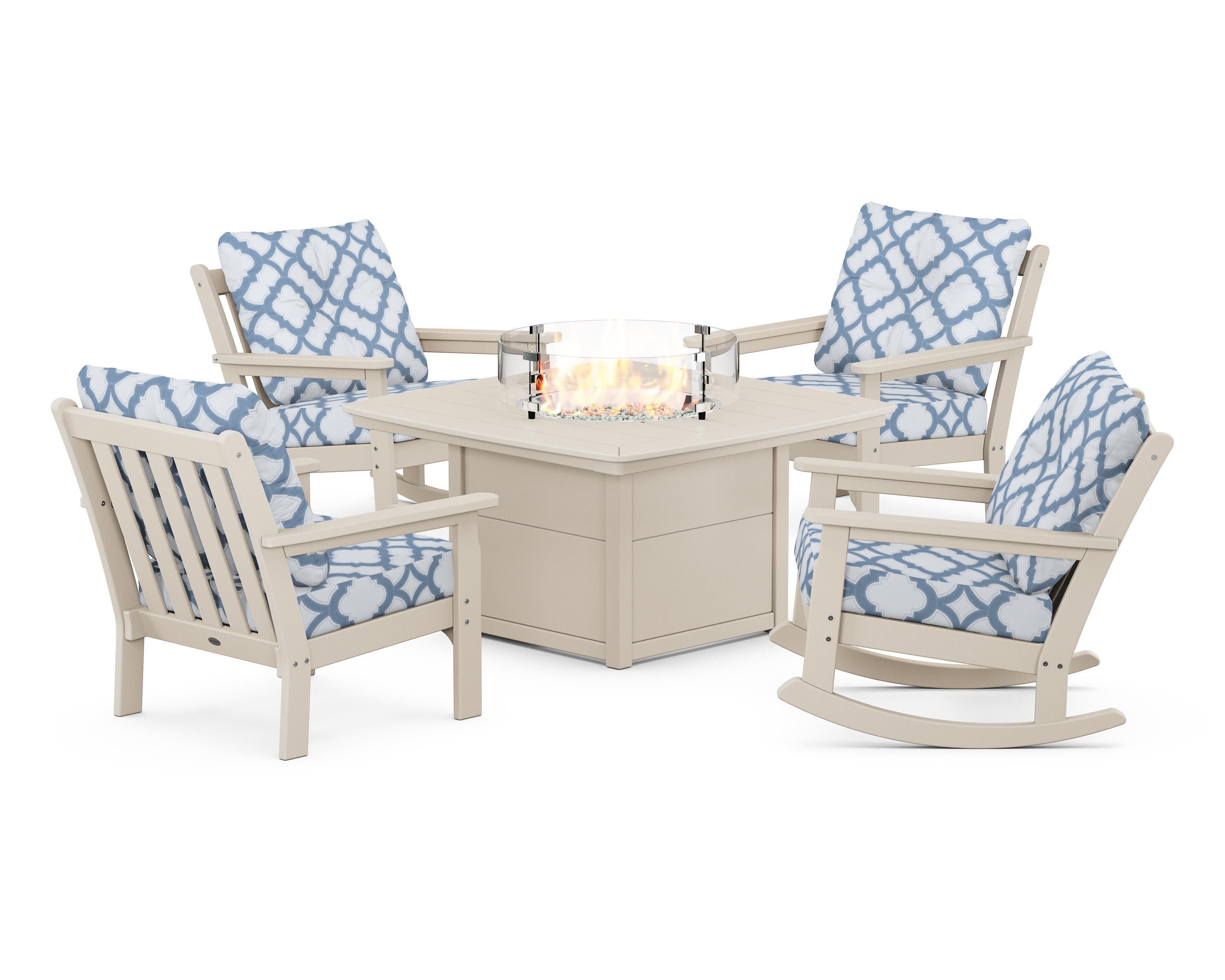 Vineyard 5-Piece Deep Seating Rocking Chair Conversation Set with Fire Pit Table in Sand / Trellis Sky Blue