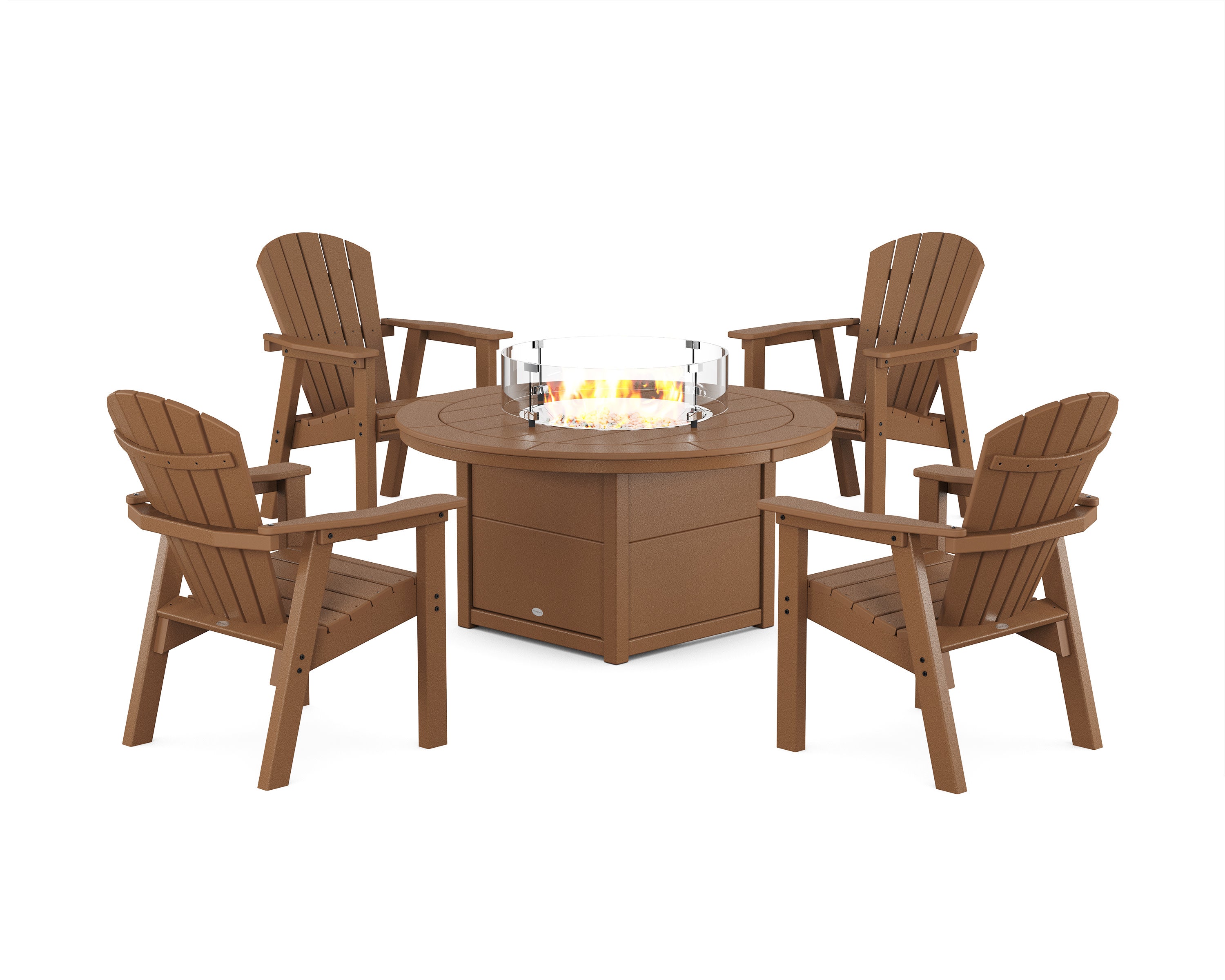 Seashell 4-Piece Upright Adirondack Conversation Set with Fire Pit Table in Teak