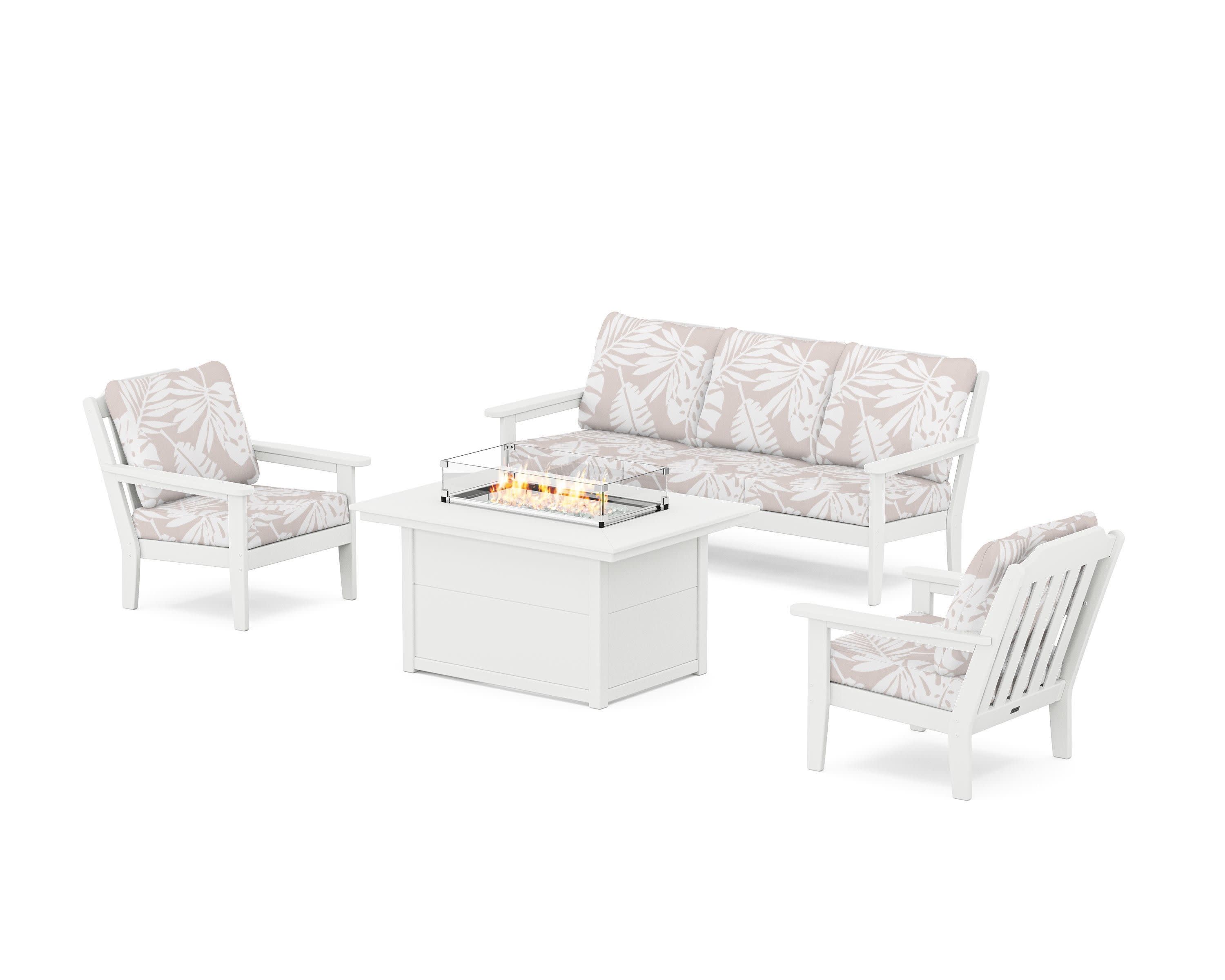 Cottage Deep Seating Fire Pit Table Set in White / Leaf Dune Burlap