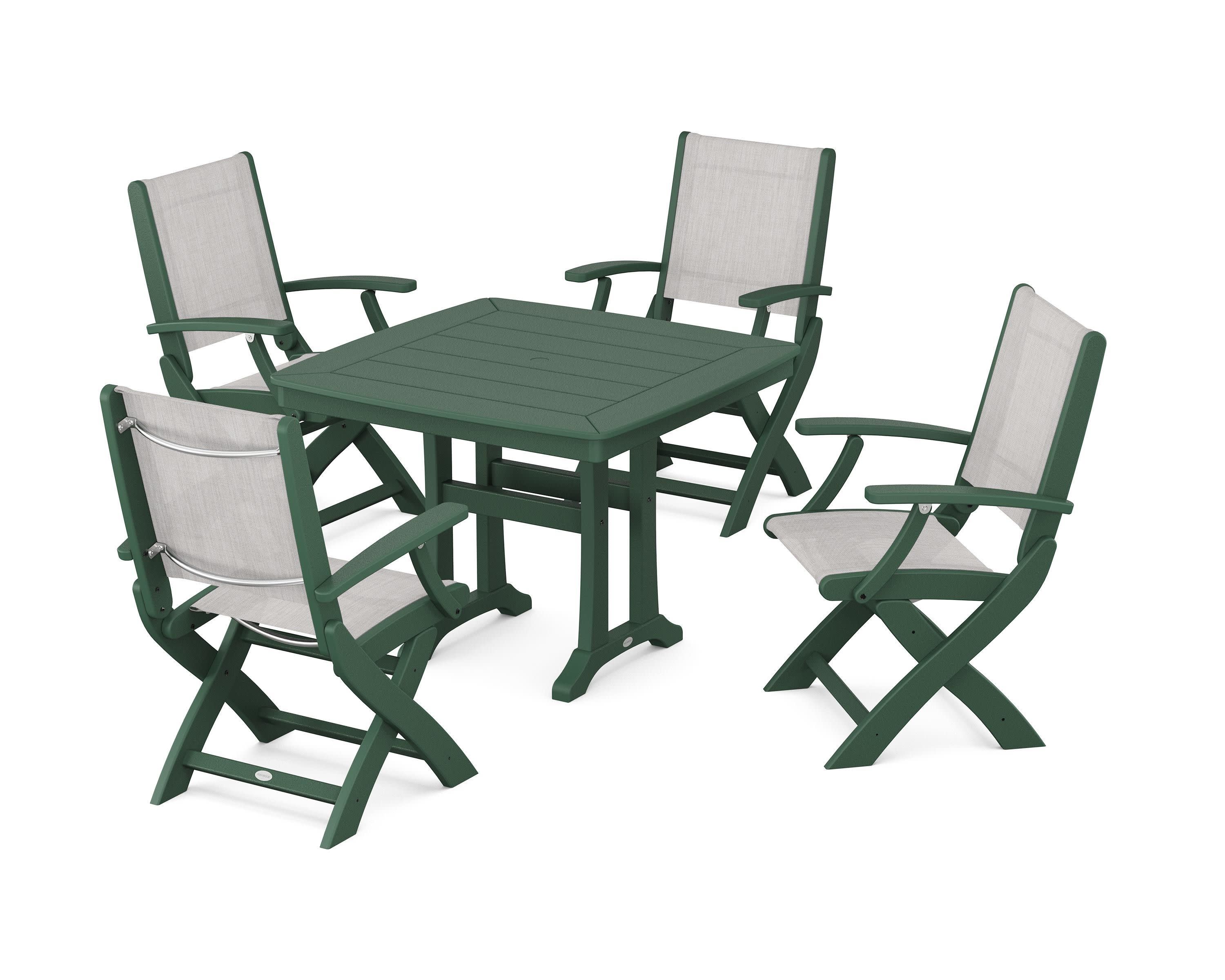Coastal Folding Chair 5-Piece Dining Set with Trestle Legs in Green / Parchment Sling