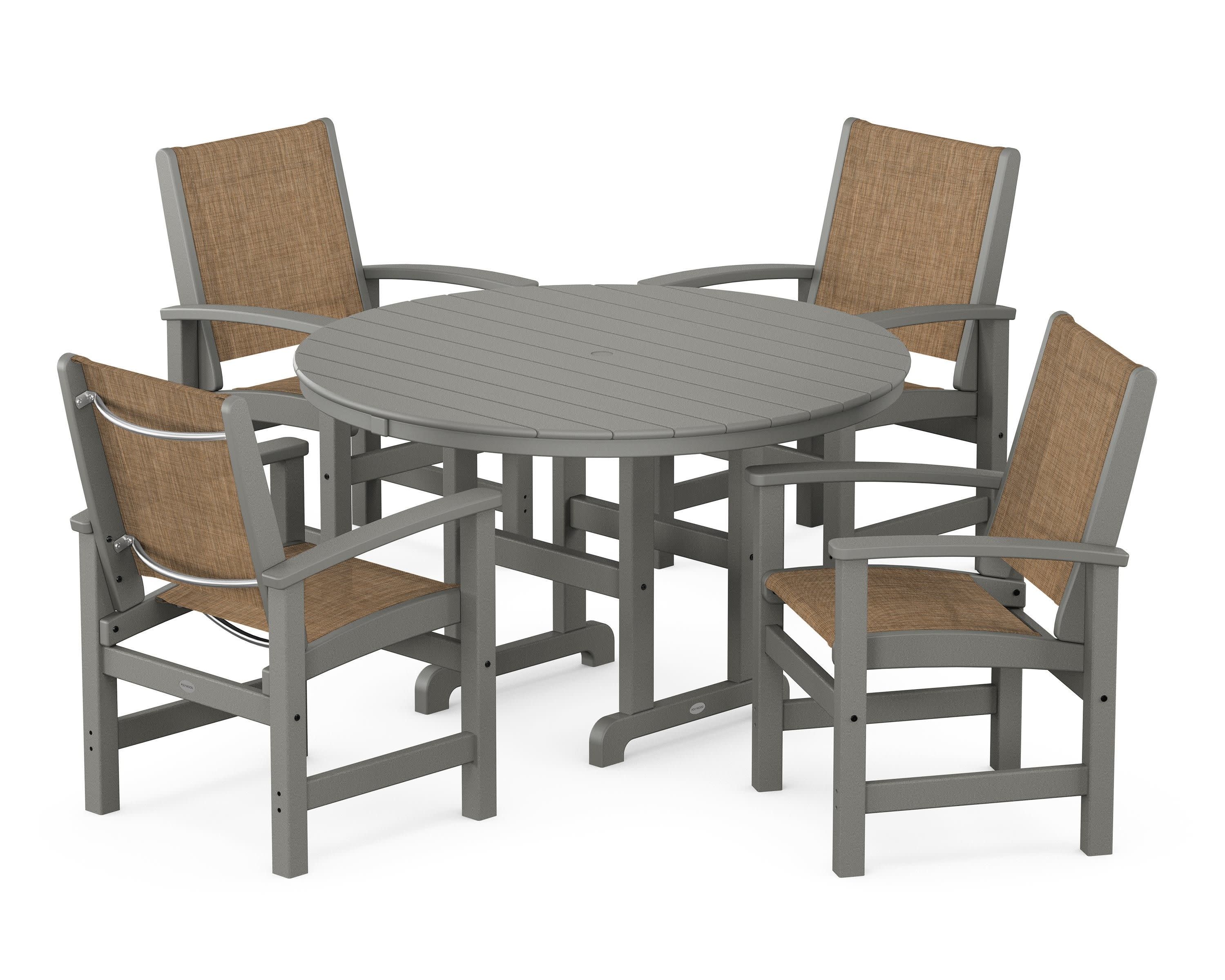Coastal 5-Piece Round Farmhouse Dining Set in Slate Grey / Burlap Sling
