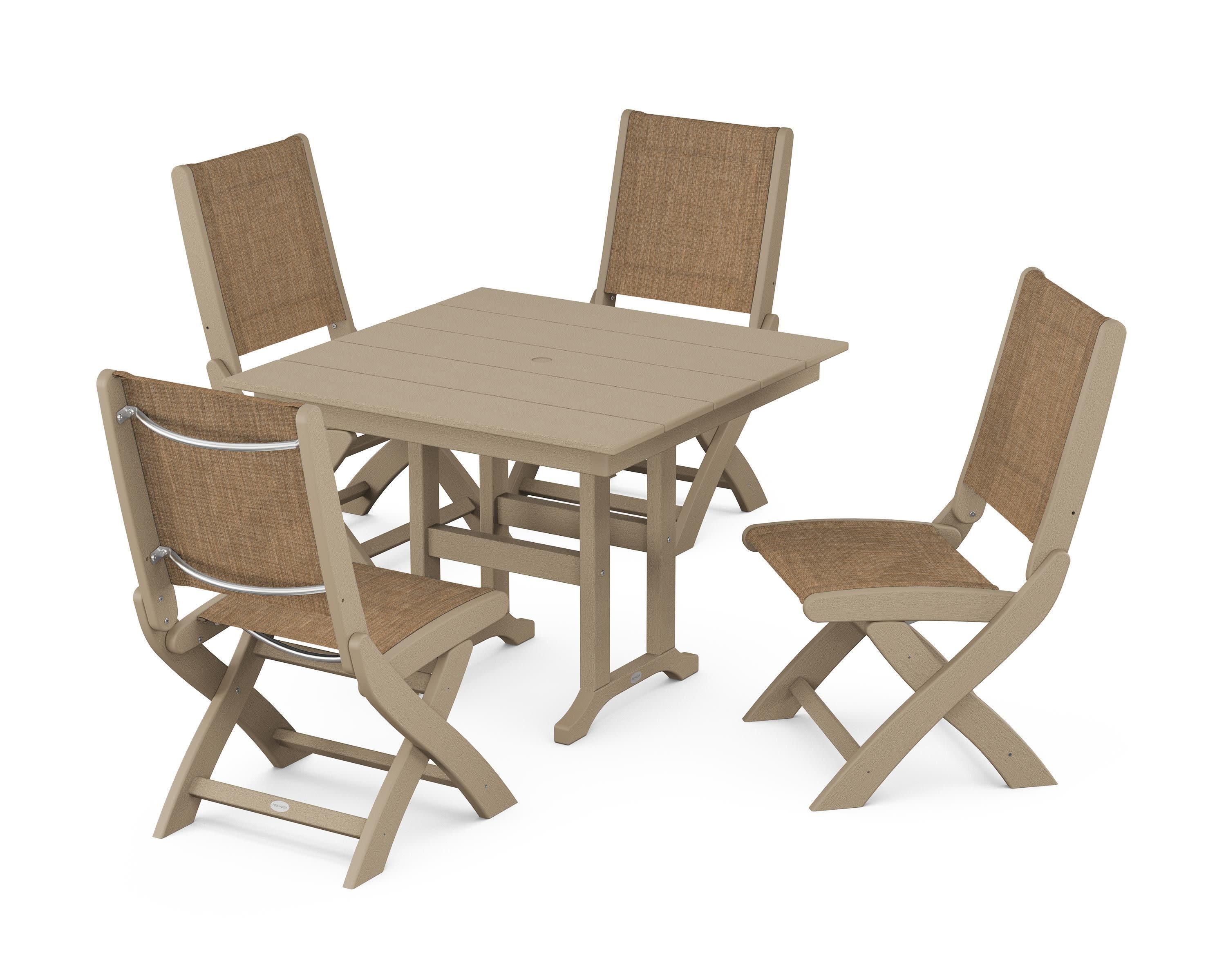 Coastal Folding Side Chair 5-Piece Farmhouse Dining Set in Vintage Sahara / Burlap Sling