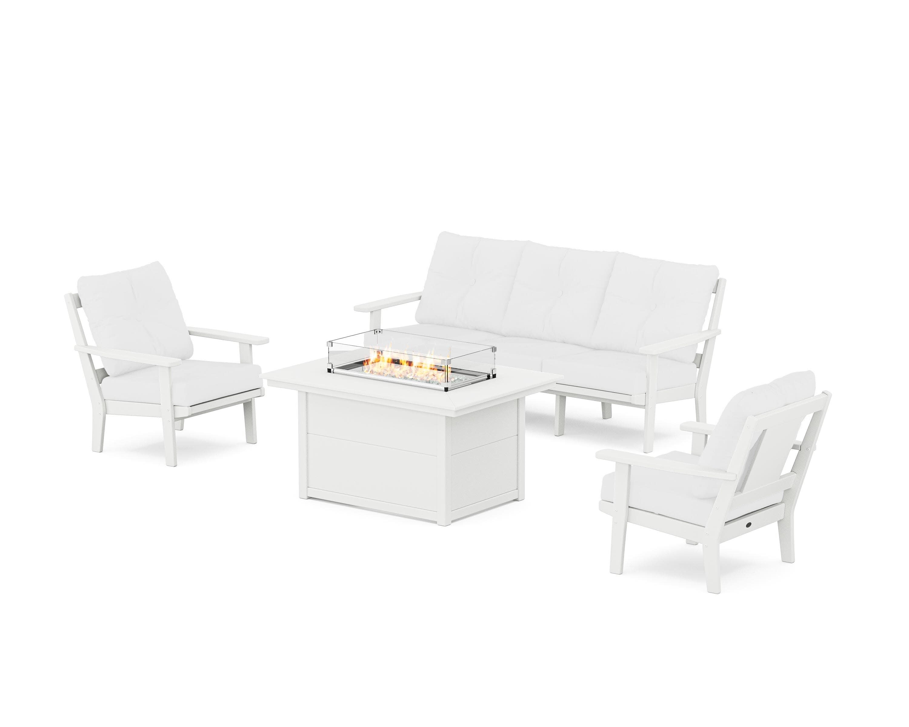 Prairie Deep Seating Fire Pit Table Set in White / Natural