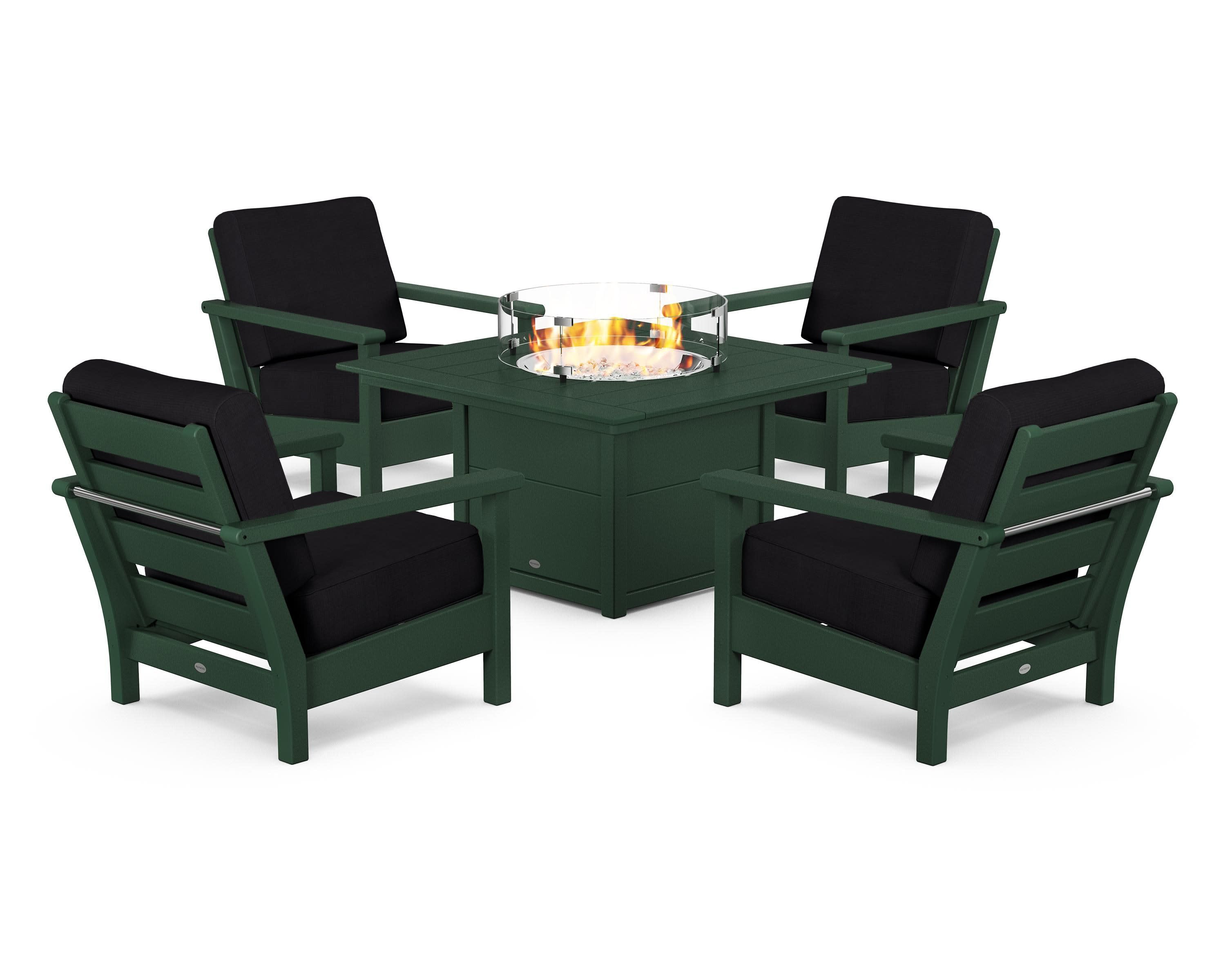 Harbour 5-Piece Conversation Set with Fire Pit Table in Green / Midnight Linen