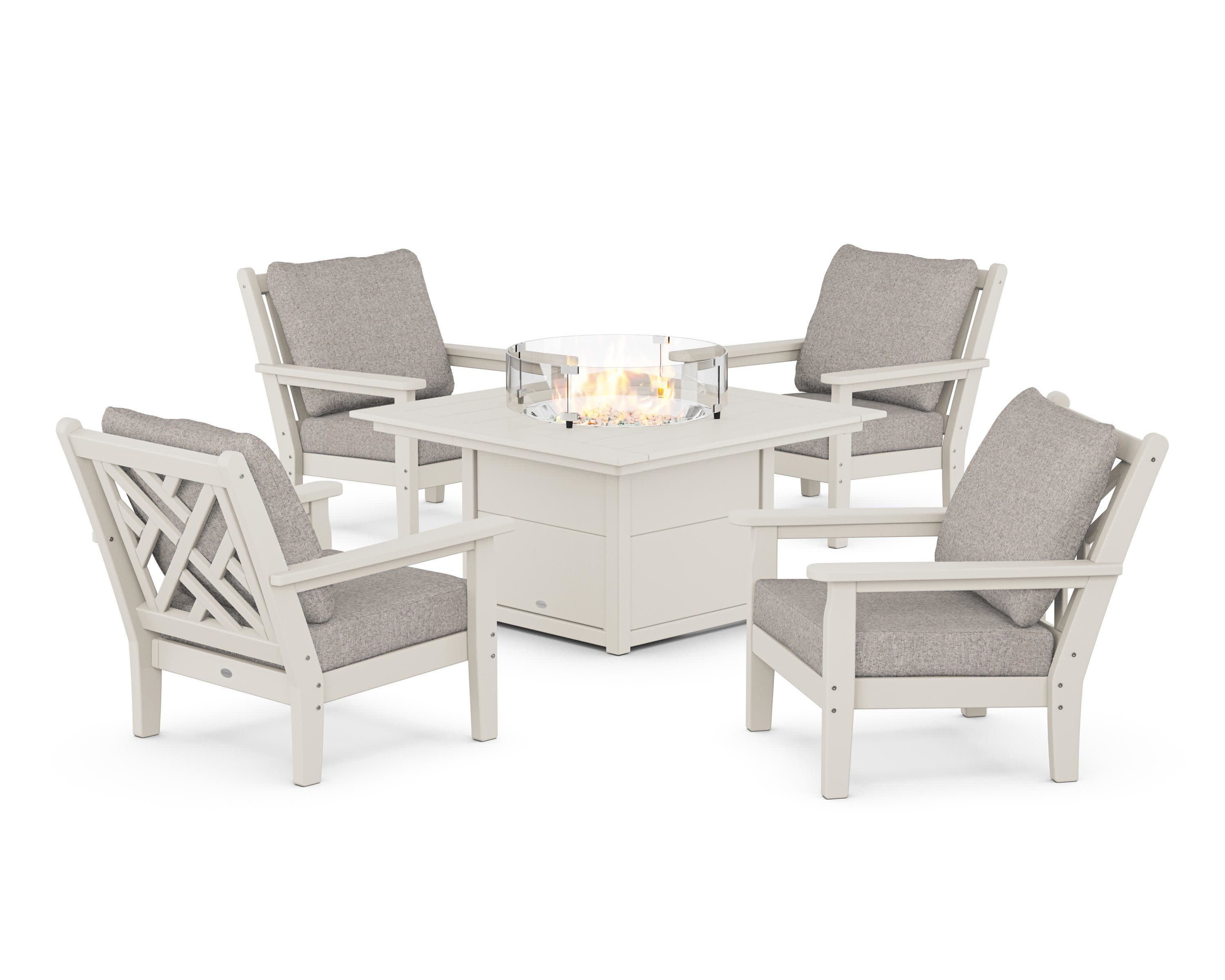 Chippendale 5-Piece Deep Seating Set with Fire Pit Table in Sand / Weathered Tweed