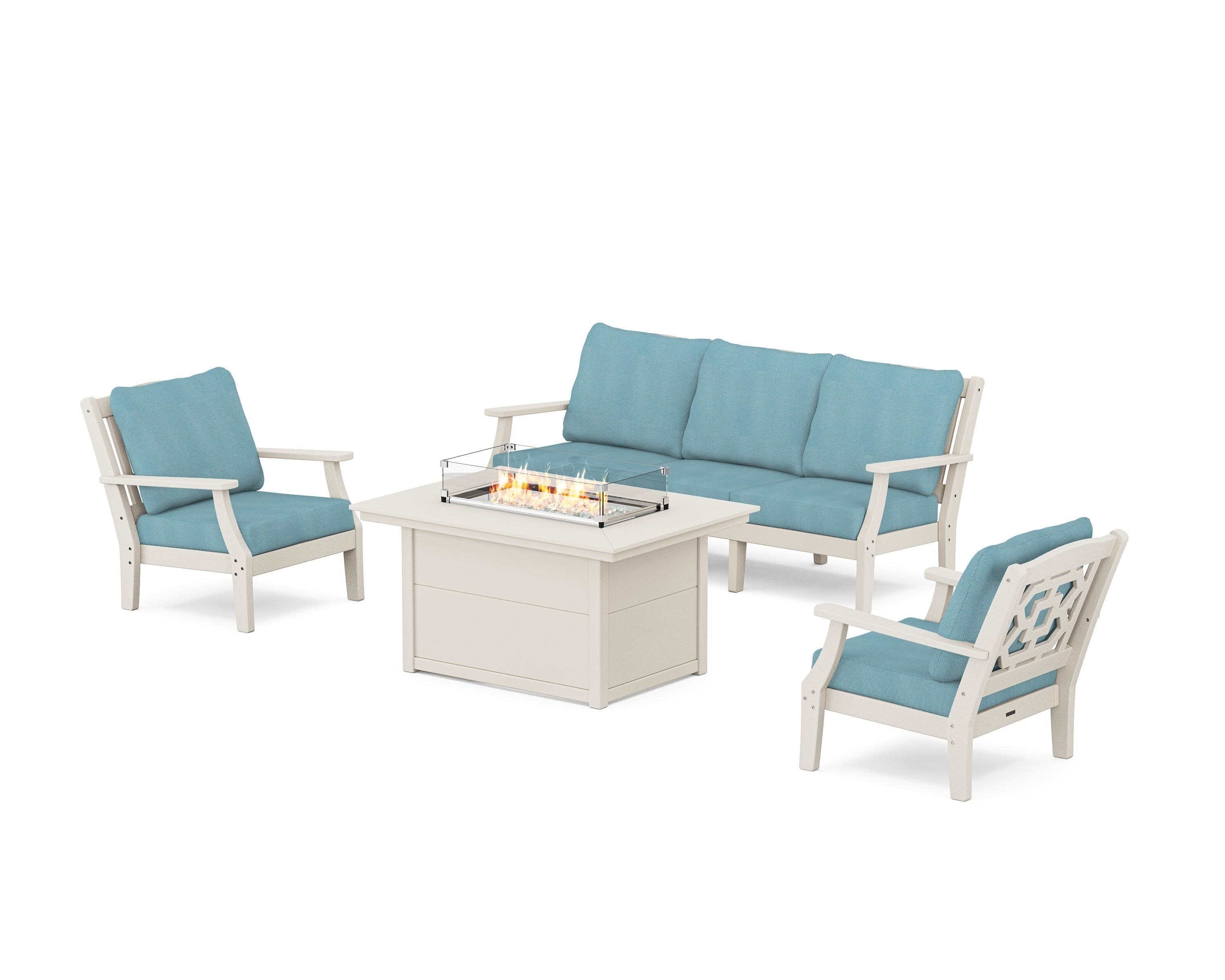 Chinoiserie Deep Seating Fire Pit Table Set in Sand / Lattice Sky Blue
