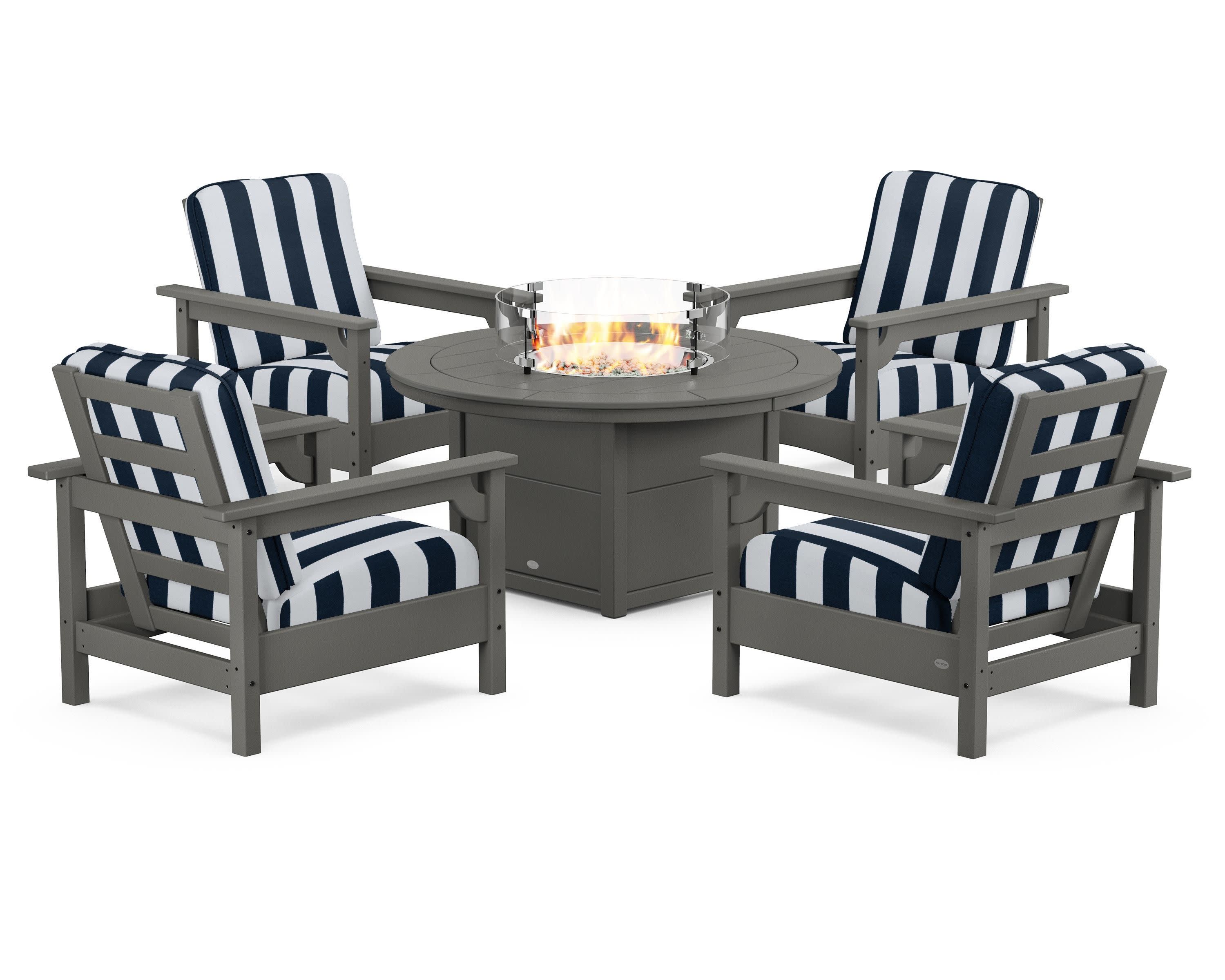Club 5-Piece Conversation Set with Fire Pit Table in Slate Grey / Cabana Stripe Marine Indigo