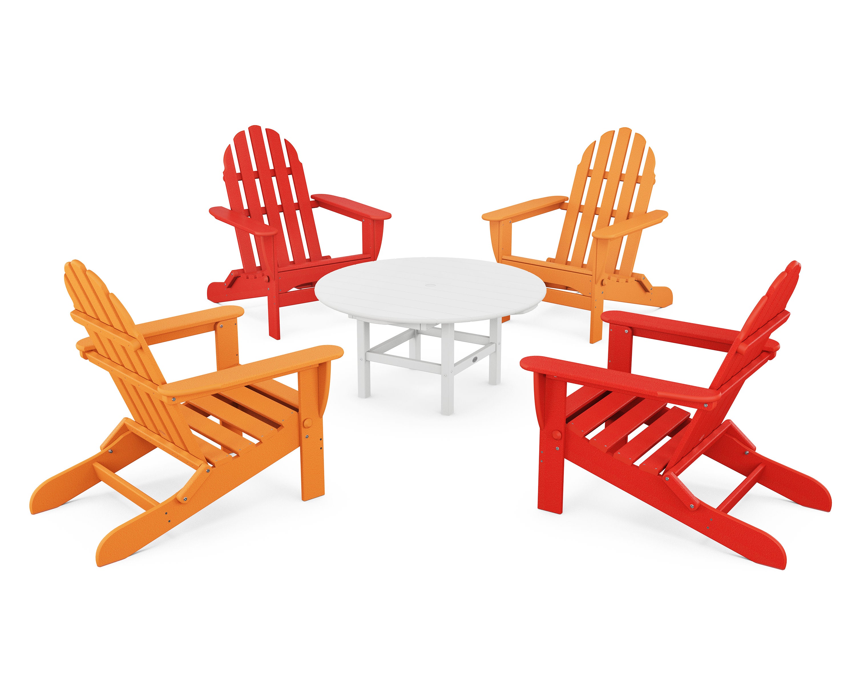 Classic Folding Adirondack 5-Piece Conversation Group in Tangerine / Sunset Red / White