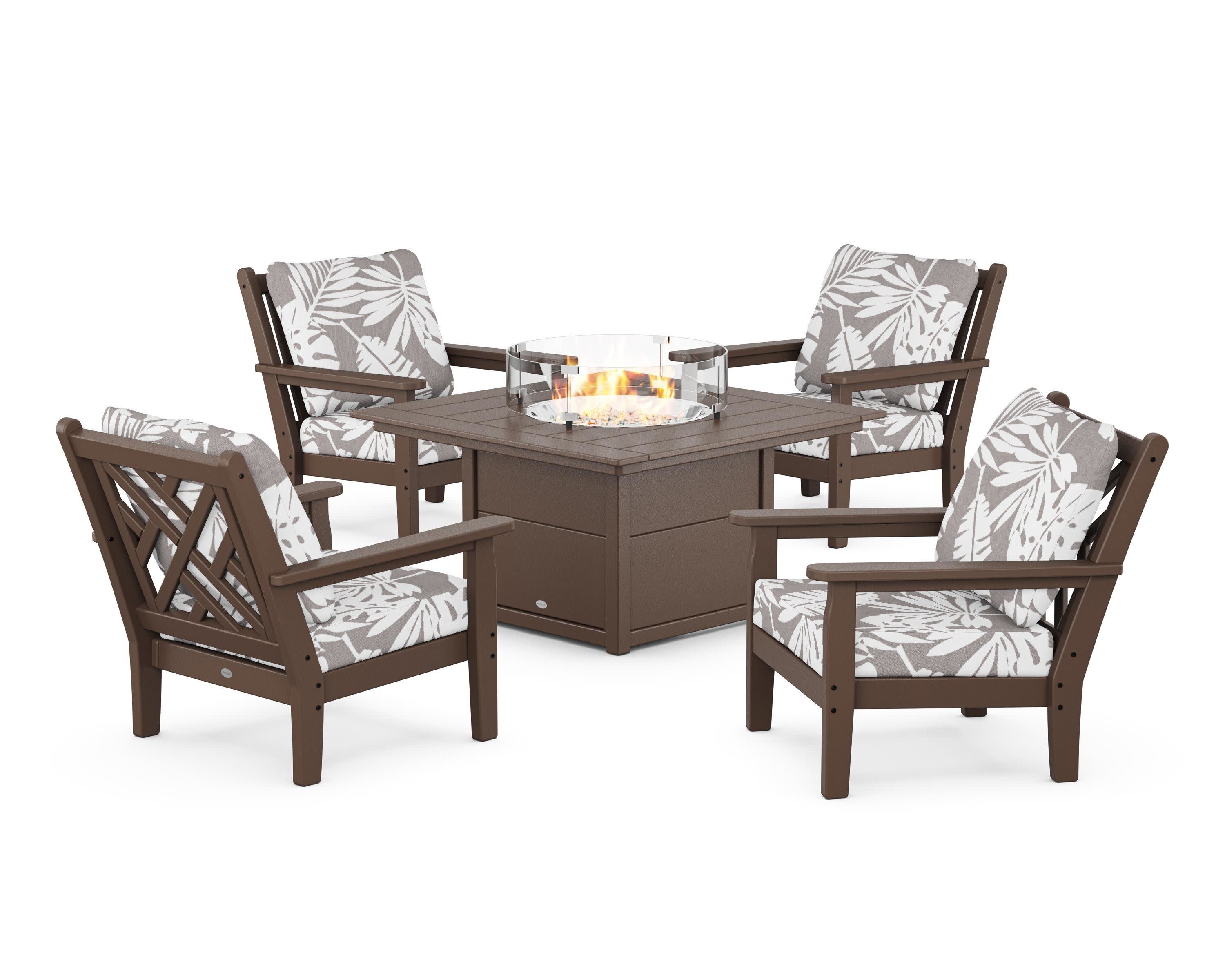 Chippendale 5-Piece Deep Seating Set with Fire Pit Table in Mahogany / Leaf Grey Mist
