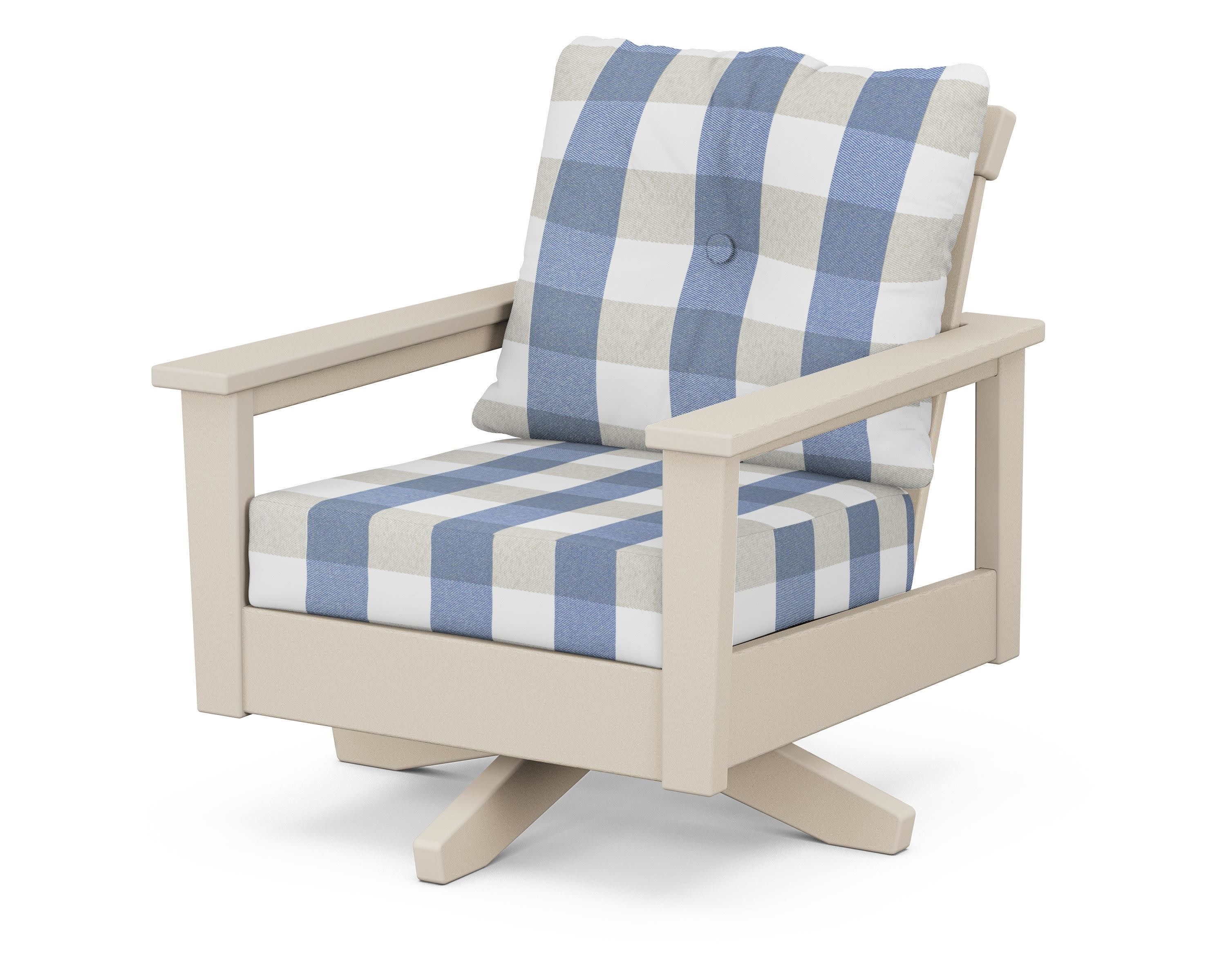 Prescott Deep Seating Swivel Chair in Sand / Buffalo Plaid Sky Blue