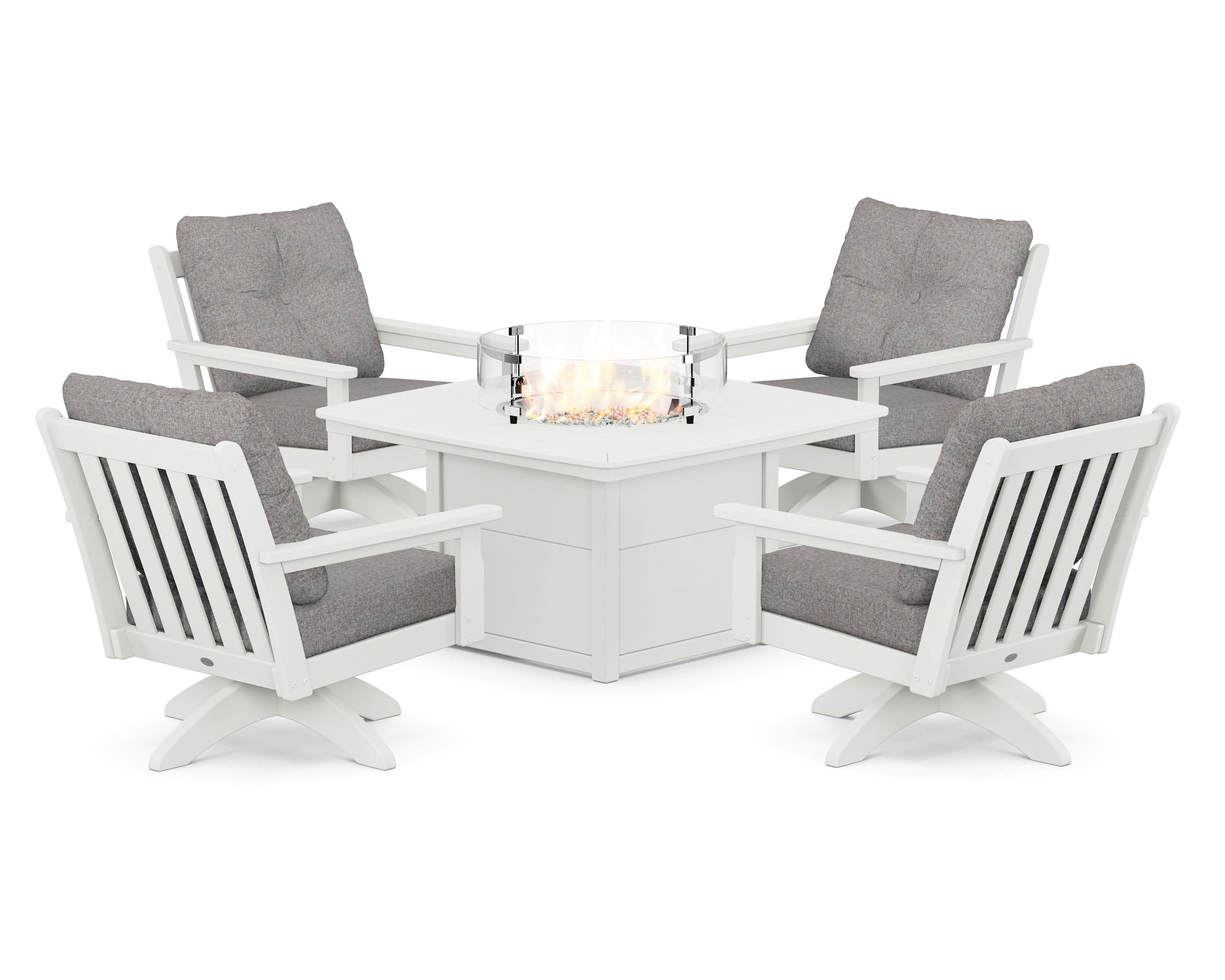 Vineyard 5-Piece Deep Seating Swivel Conversation Set with Fire Pit Table in Vintage White / Grey Mist
