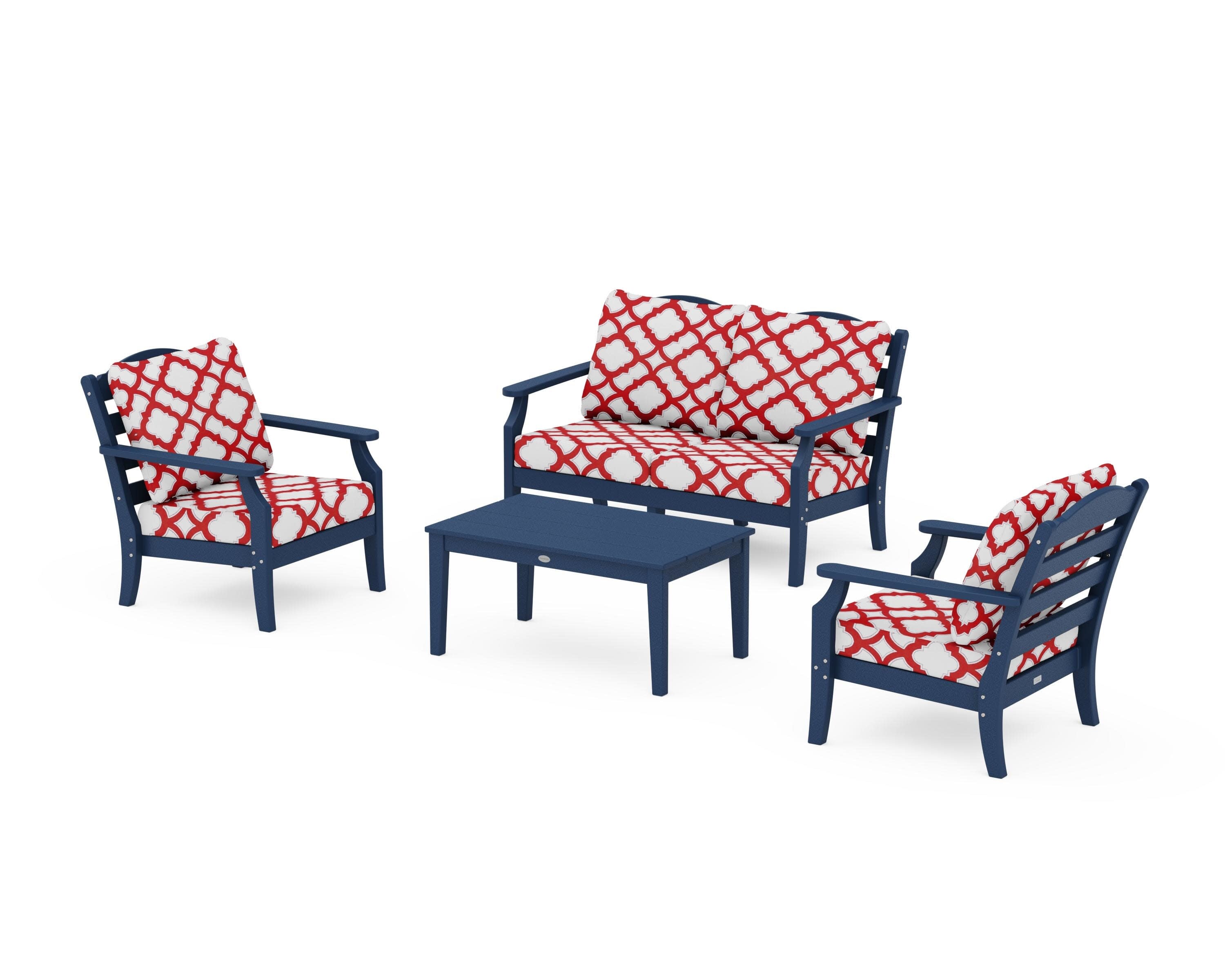 Savannah 4-Piece Deep Seating Set with Loveseat in Navy / Trellis Crimson