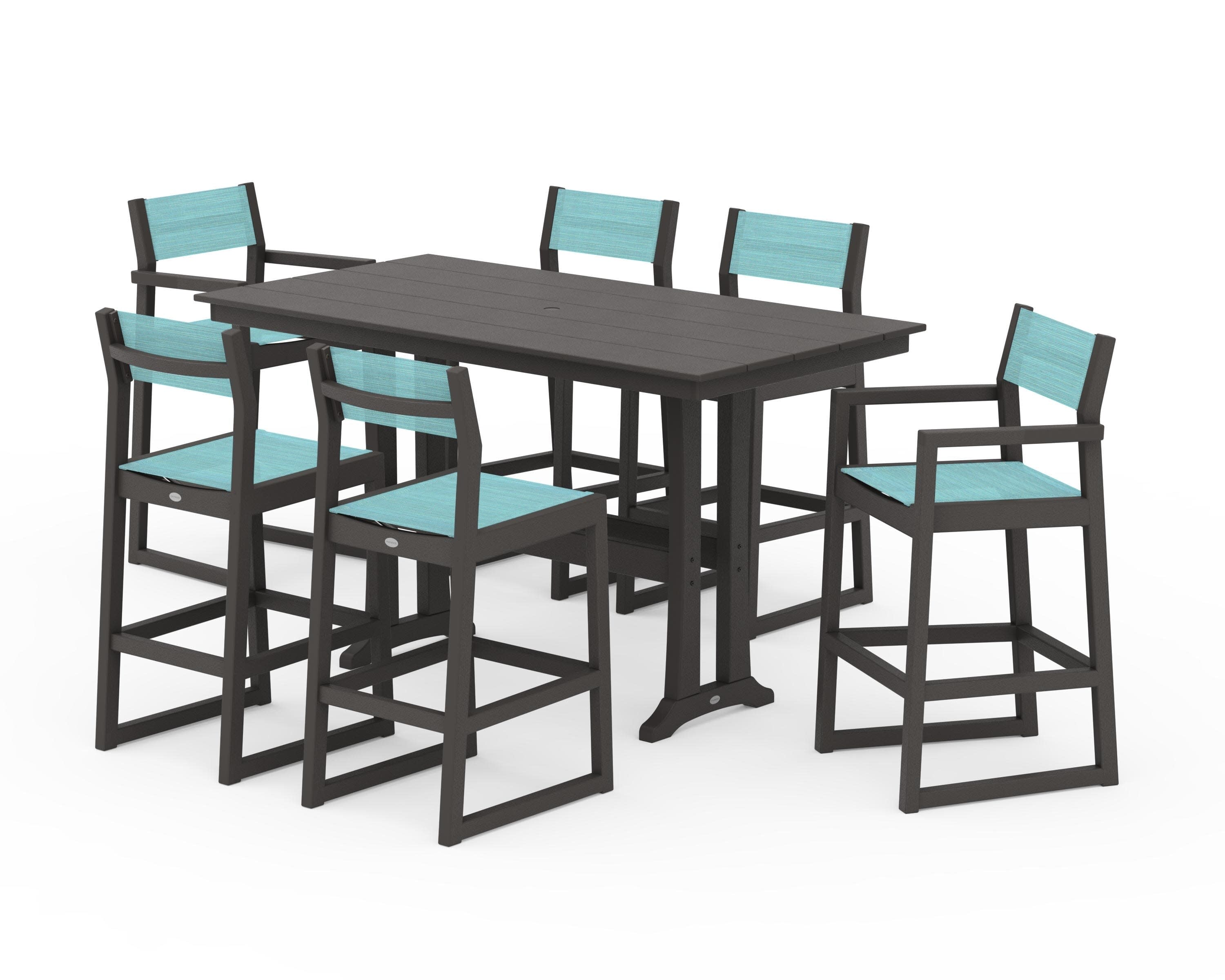 EDGE Sling 7-Piece Farmhouse Bar Set with Trestle Legs in Vintage Coffee / Dupioni Aquamarine Sling