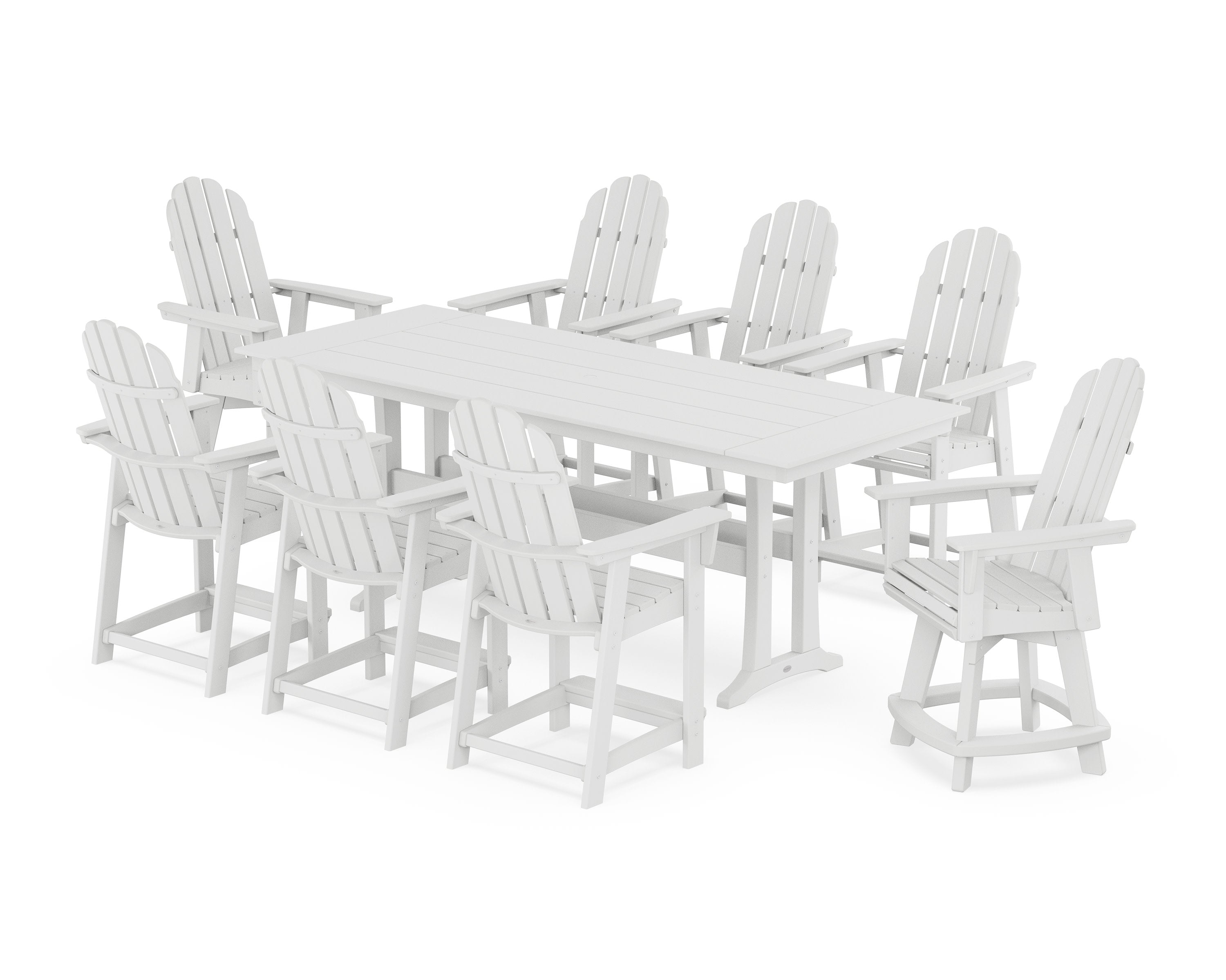 Vineyard Curveback Adirondack Swivel 9-Piece Farmhouse Counter Set with Trestle Legs in White