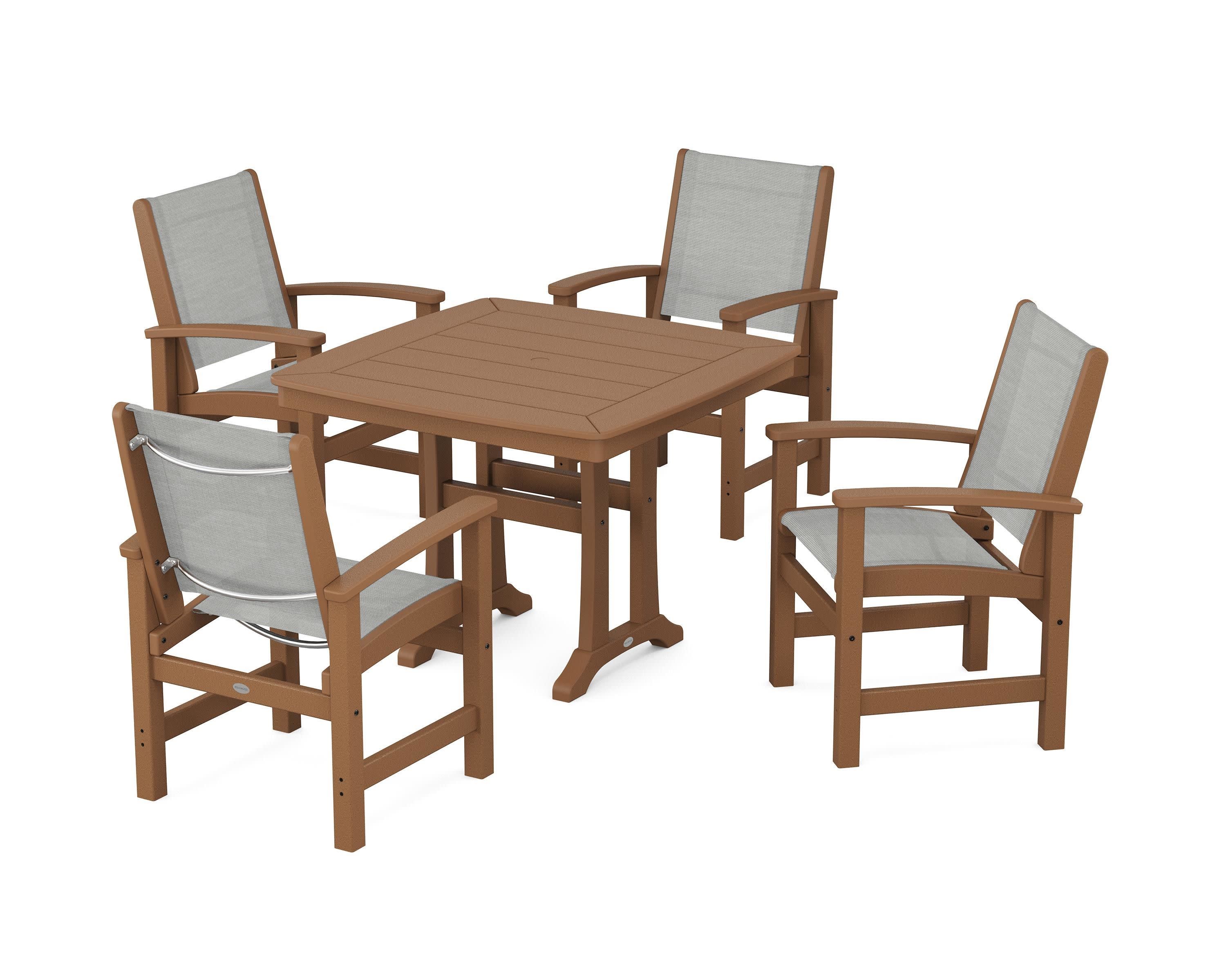 Coastal 5-Piece Dining Set with Trestle Legs in Teak / Metallic Sling