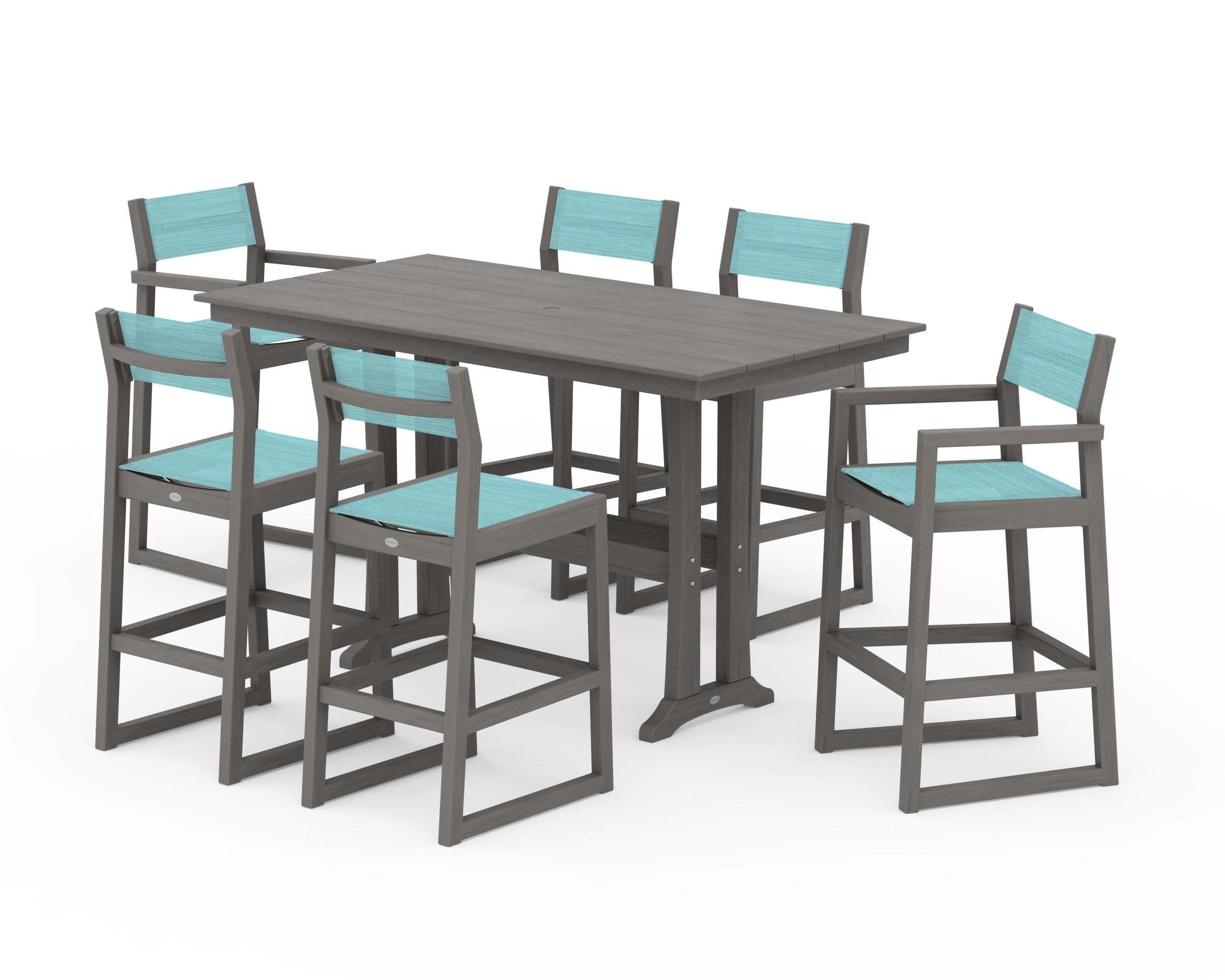 EDGE Sling 7-Piece Farmhouse Bar Set with Trestle Legs in Driftwood / Dupioni Aquamarine Sling