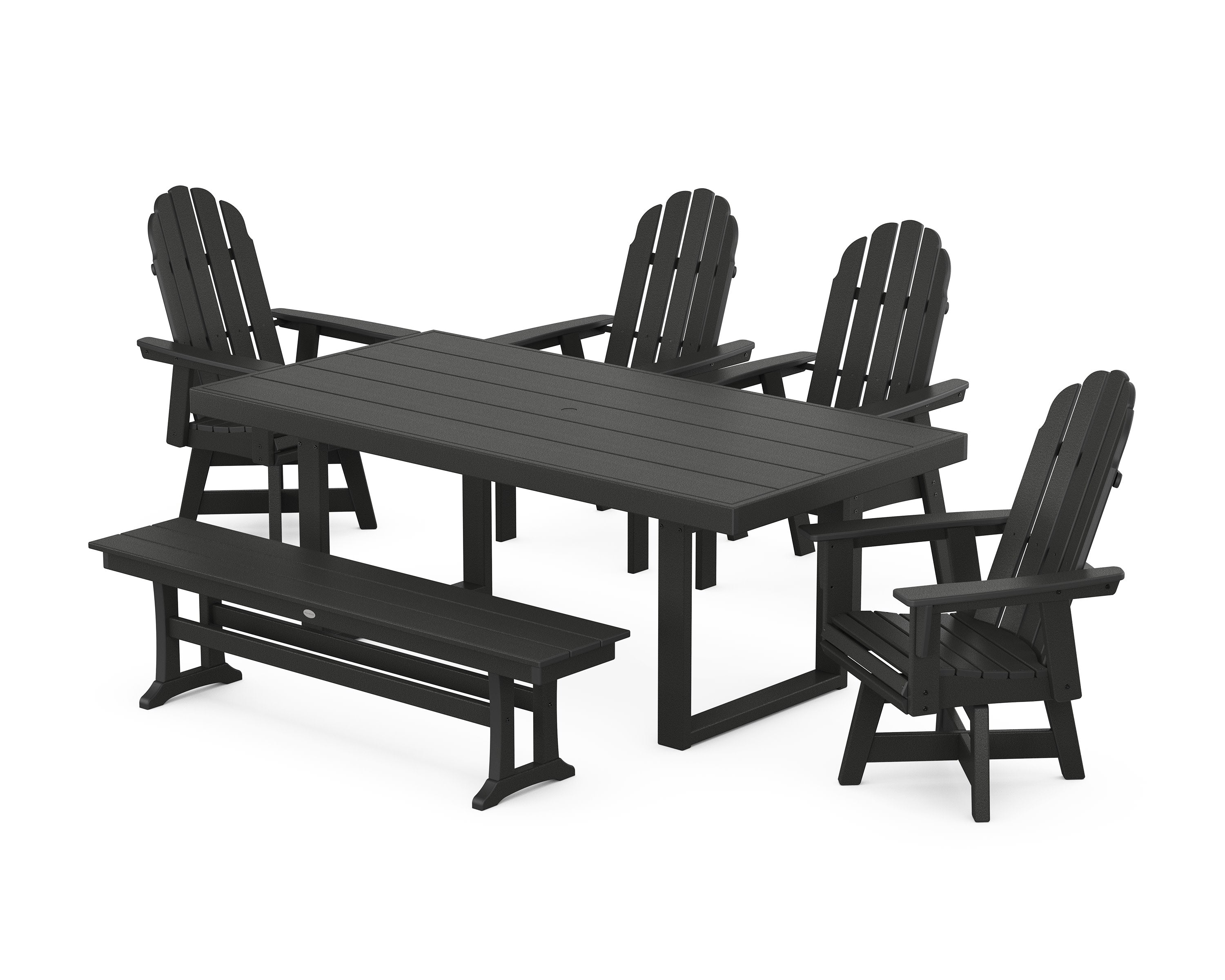 Vineyard Curveback Adirondack Swivel Chair 6-Piece Dining Set with Bench in Black