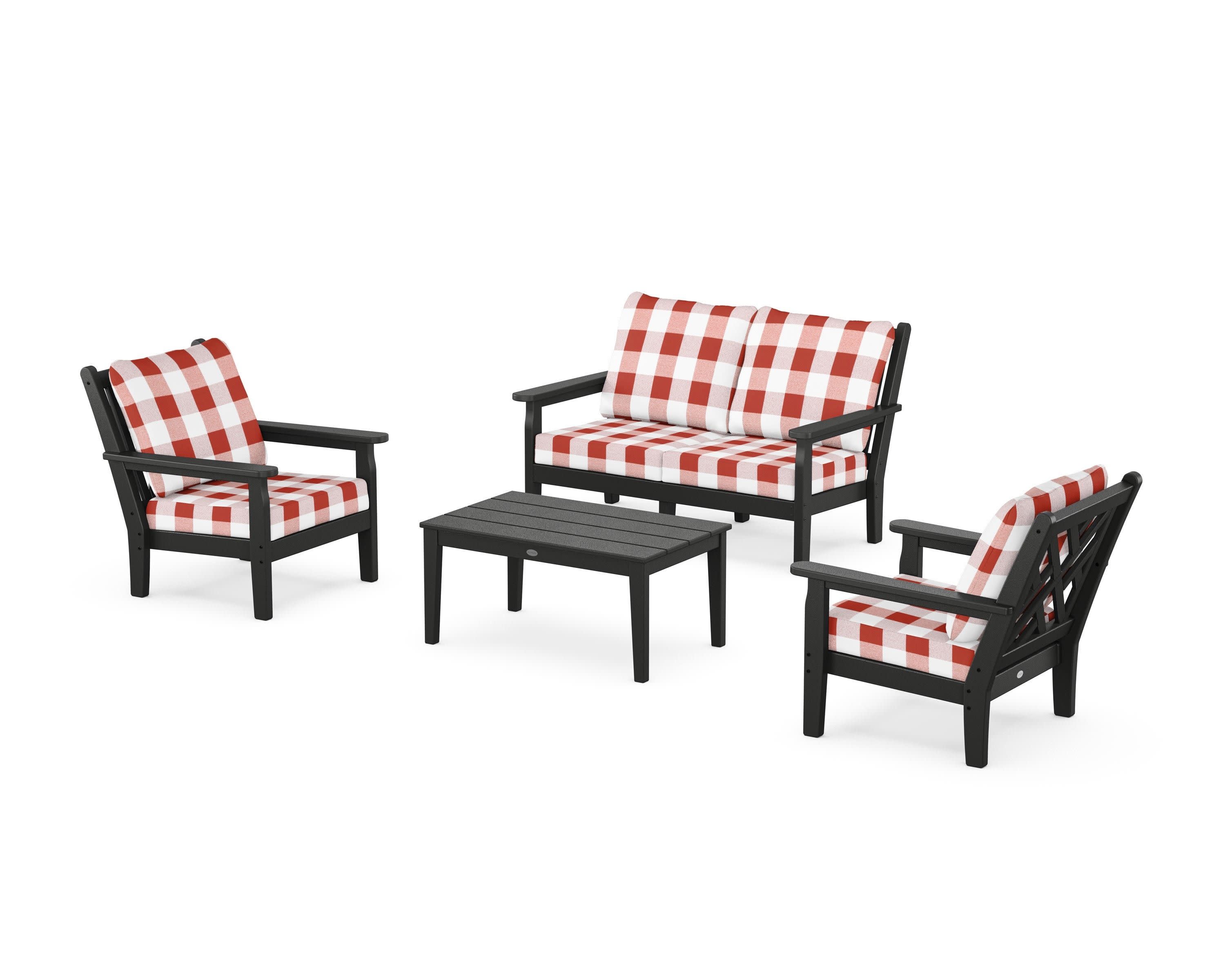Chippendale 4-Piece Deep Seating Set with Loveseat in Black / Buffalo Plaid Crimson