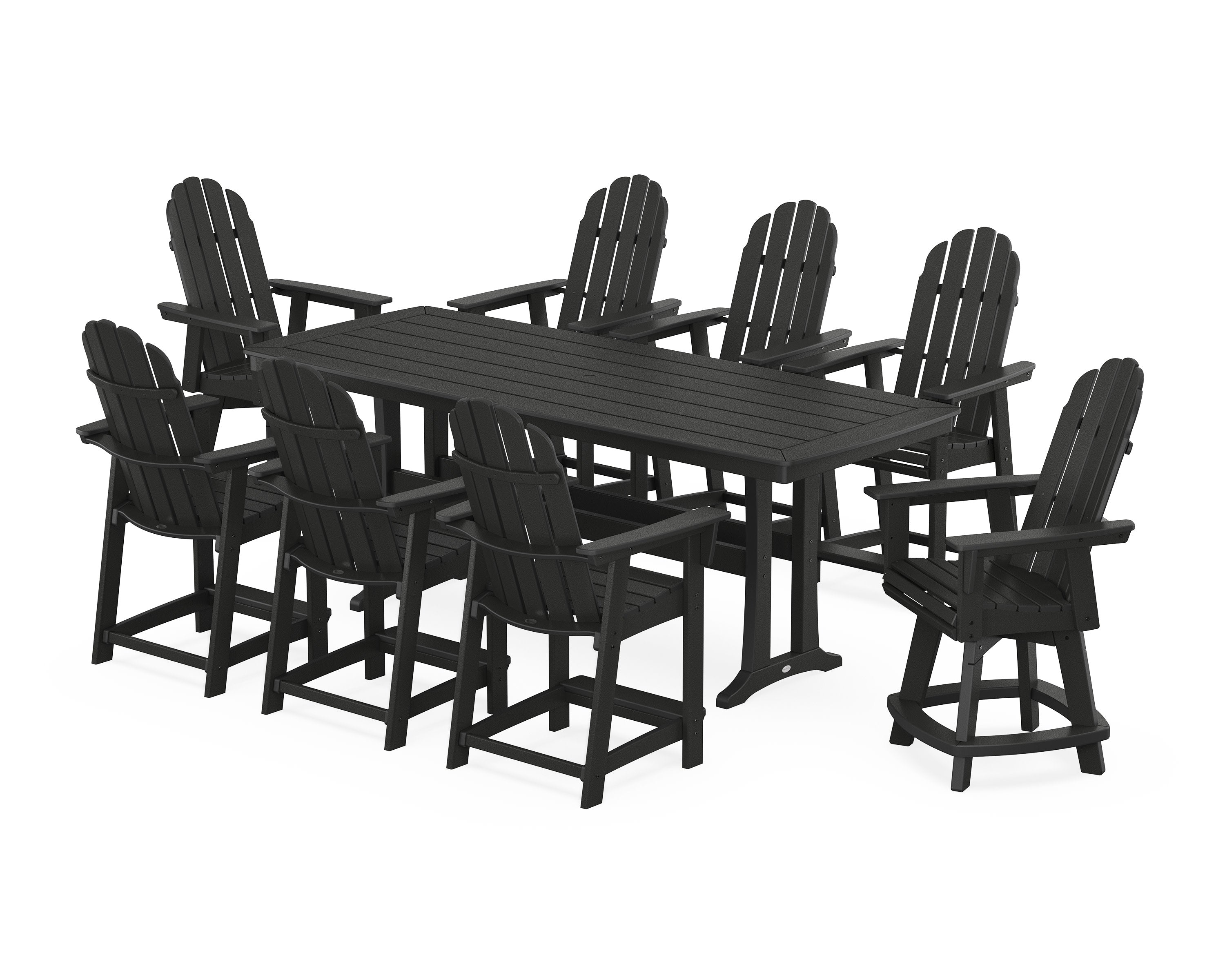 Vineyard Curveback Adirondack Swivel 9-Piece Counter Set with Trestle Legs in Black