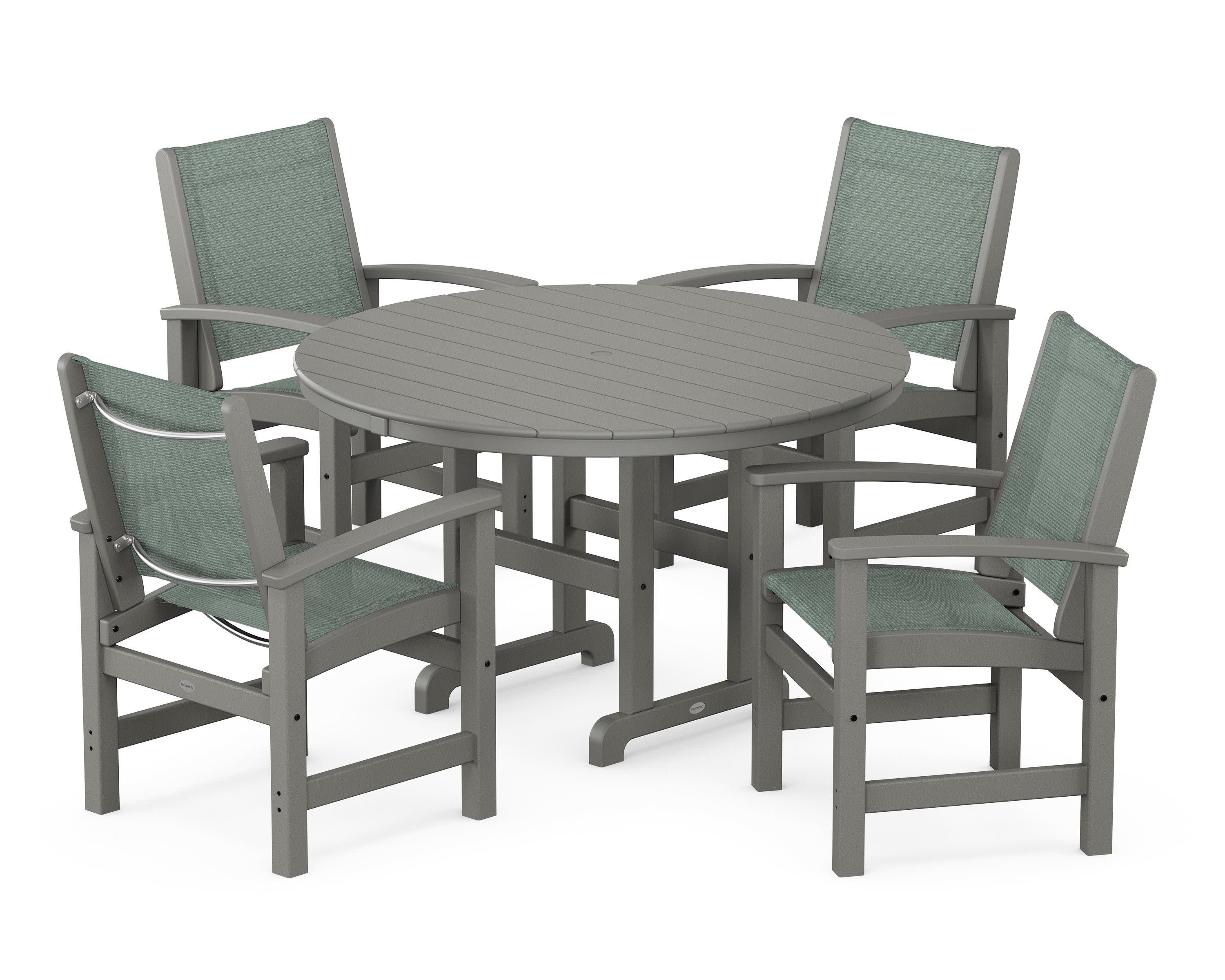 Coastal 5-Piece Round Farmhouse Dining Set in Slate Grey / Dupioni Sea Mist Sling