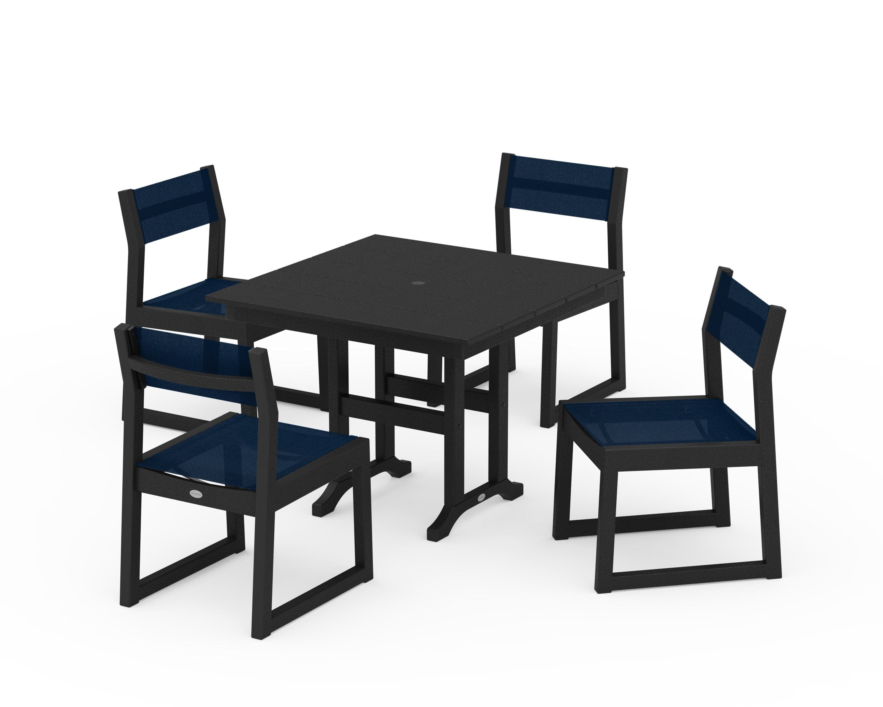 EDGE Sling Side Chair 5-Piece Farmhouse Dining Set in Black / Navy Blue Sling