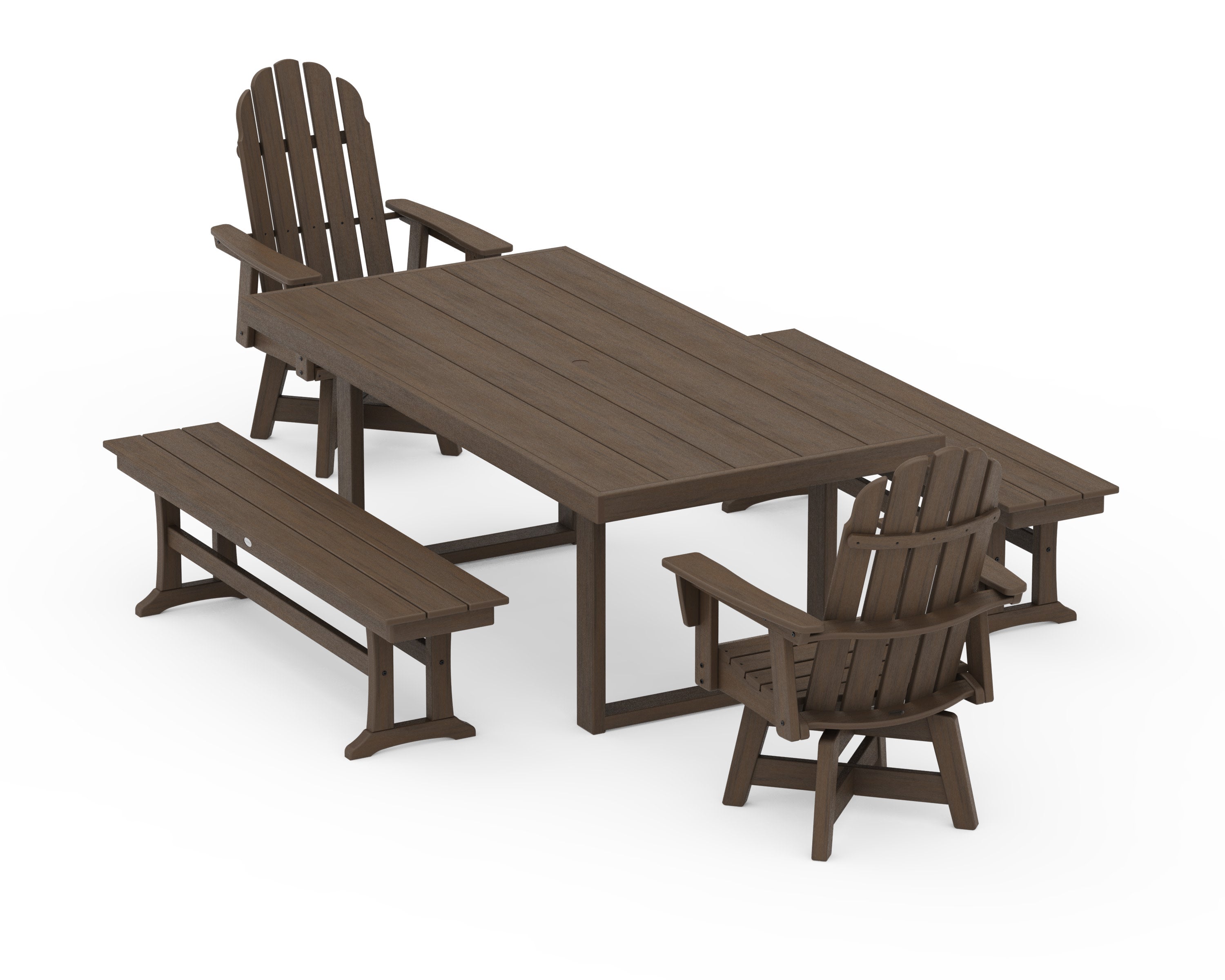 Vineyard Curveback Adirondack Swivel Chair 5-Piece Dining Set with Benches in Kona