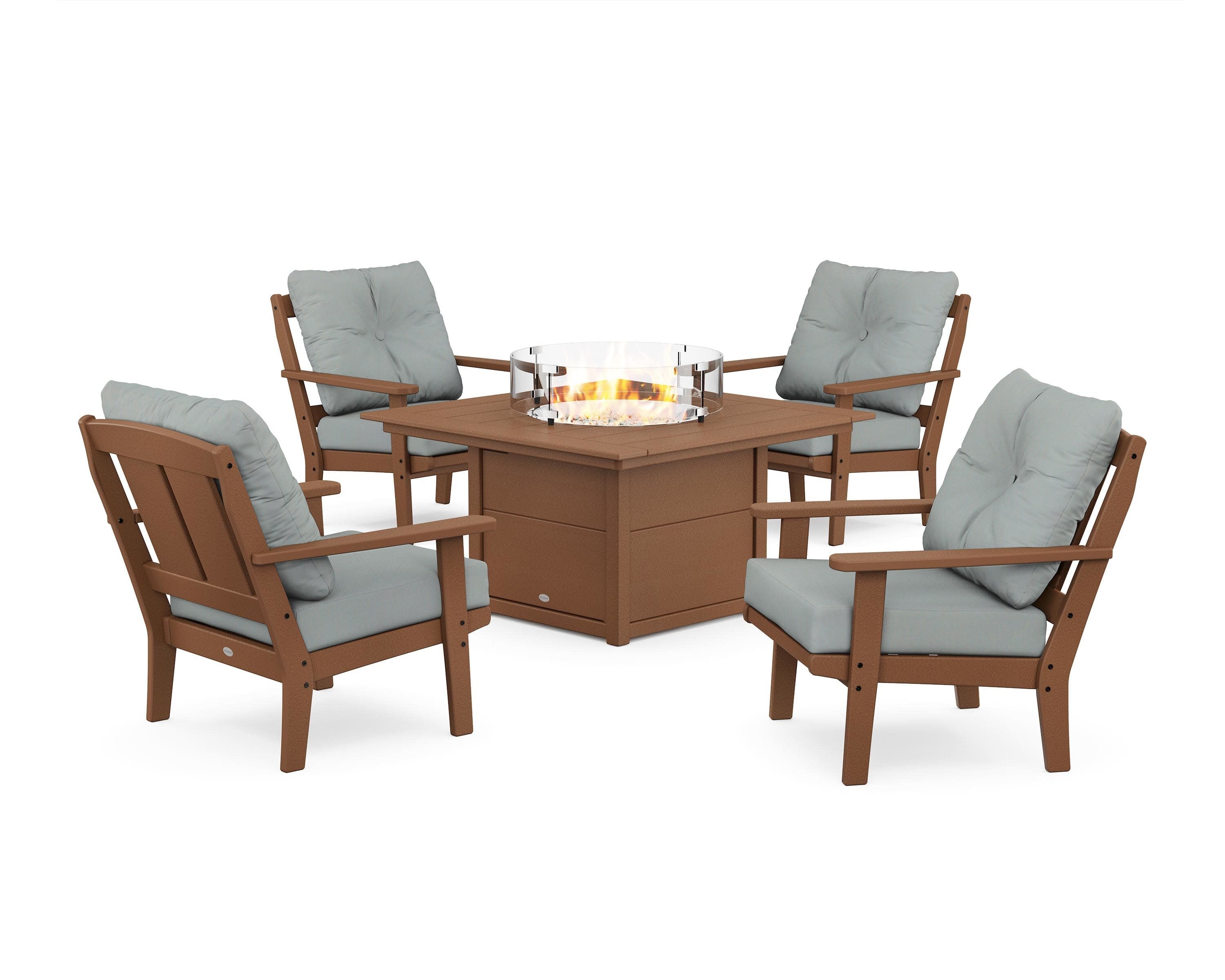Mission 5-Piece Deep Seating Set with Fire Pit Table in Teak / Spa