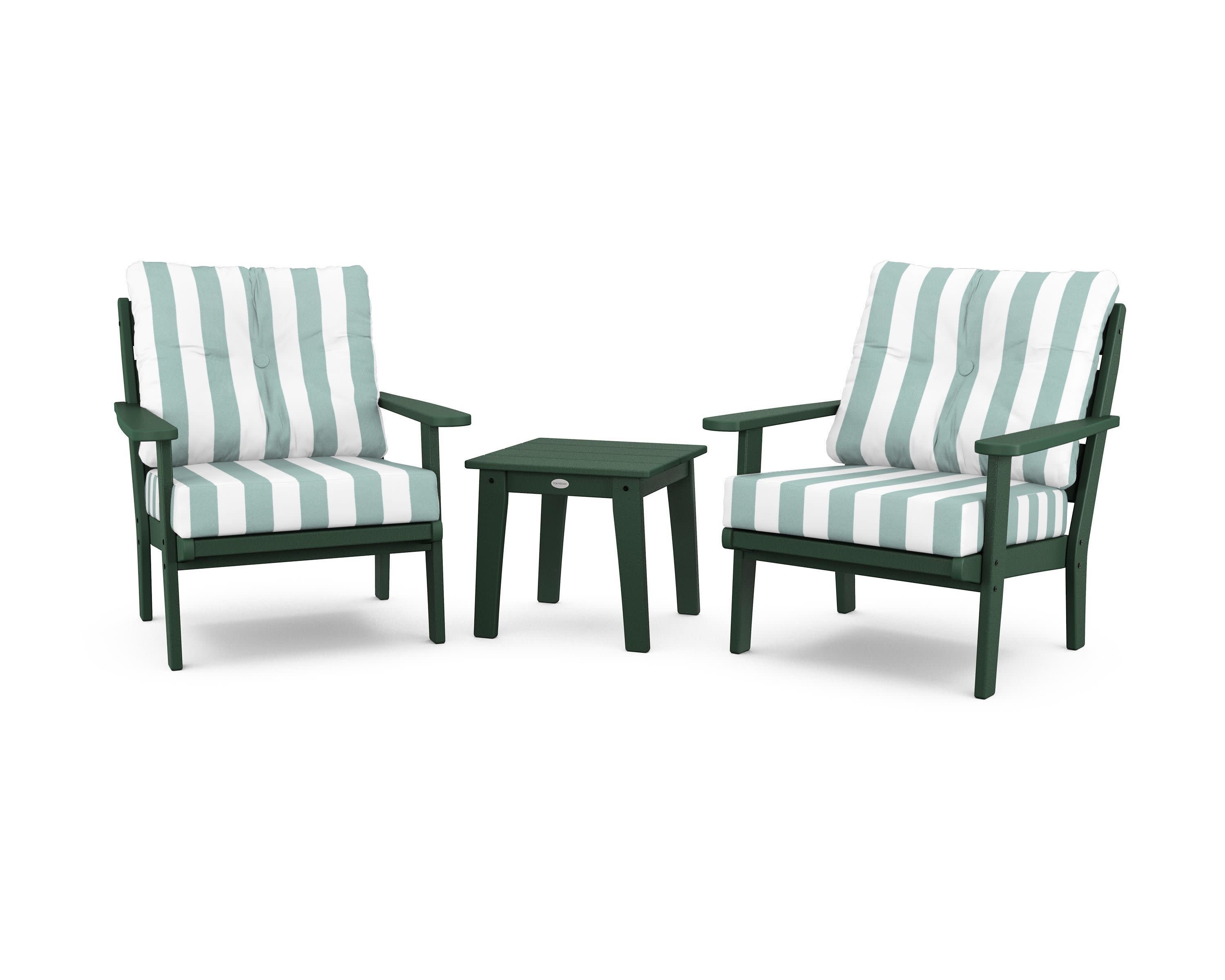 Lakeside 3-Piece Deep Seating Chair Set in Green / Cabana Stripe Glacier Spa