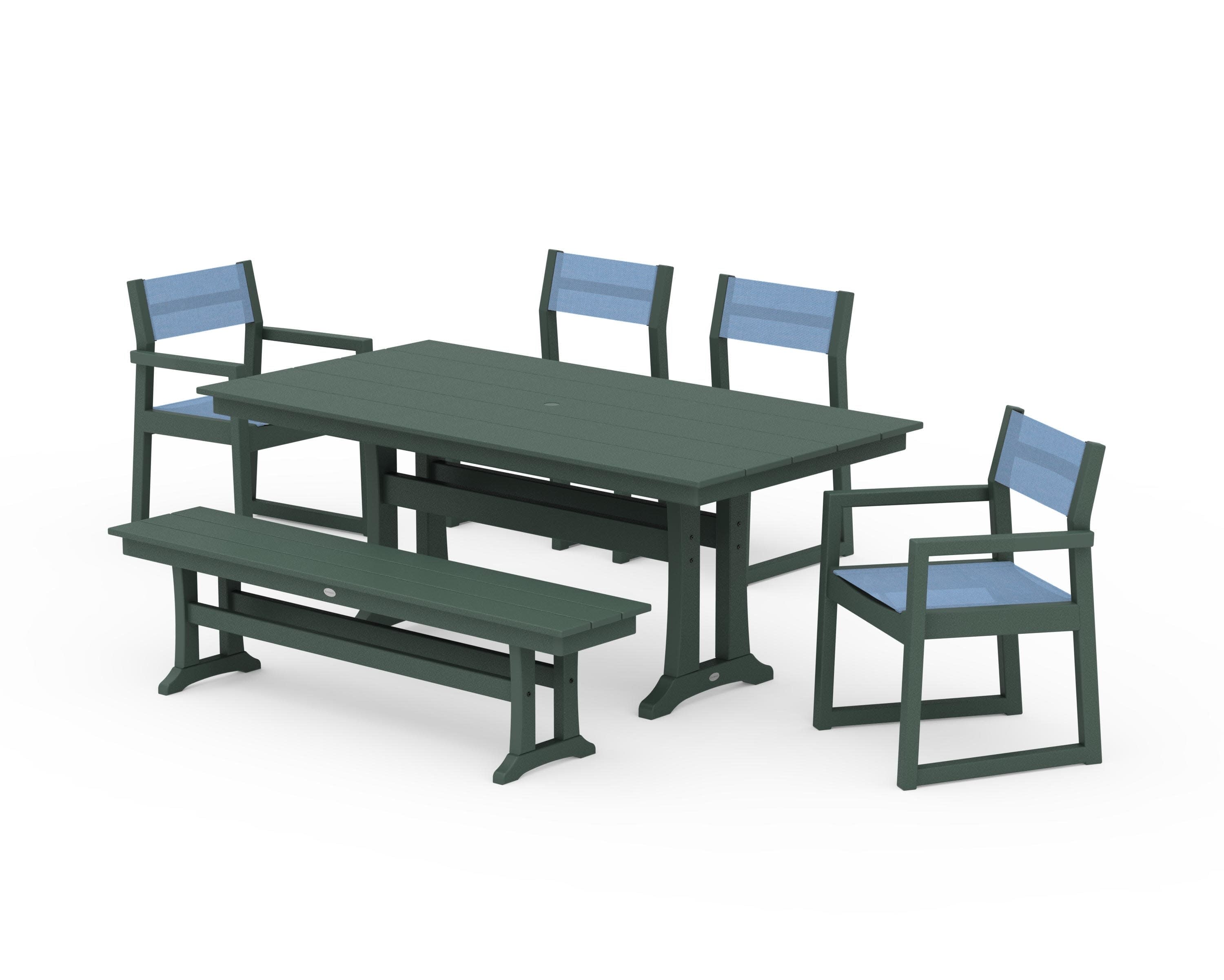 EDGE Sling 6-Piece Farmhouse Dining Set With Trestle Legs in Green / Poolside Sling