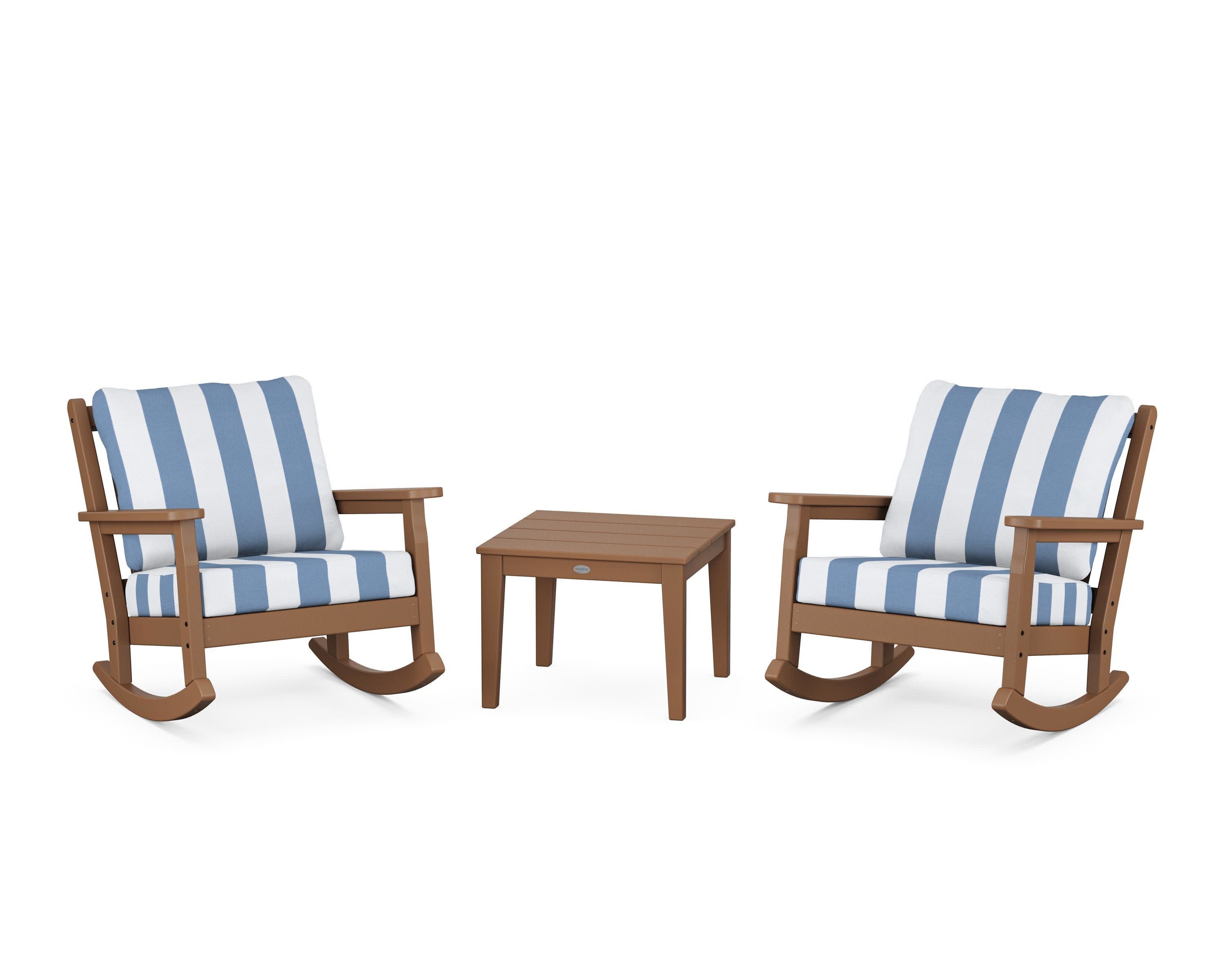 Chippendale 3-Piece Deep Seating Rocker Set in Teak / Cabana Stripe Sky Blue