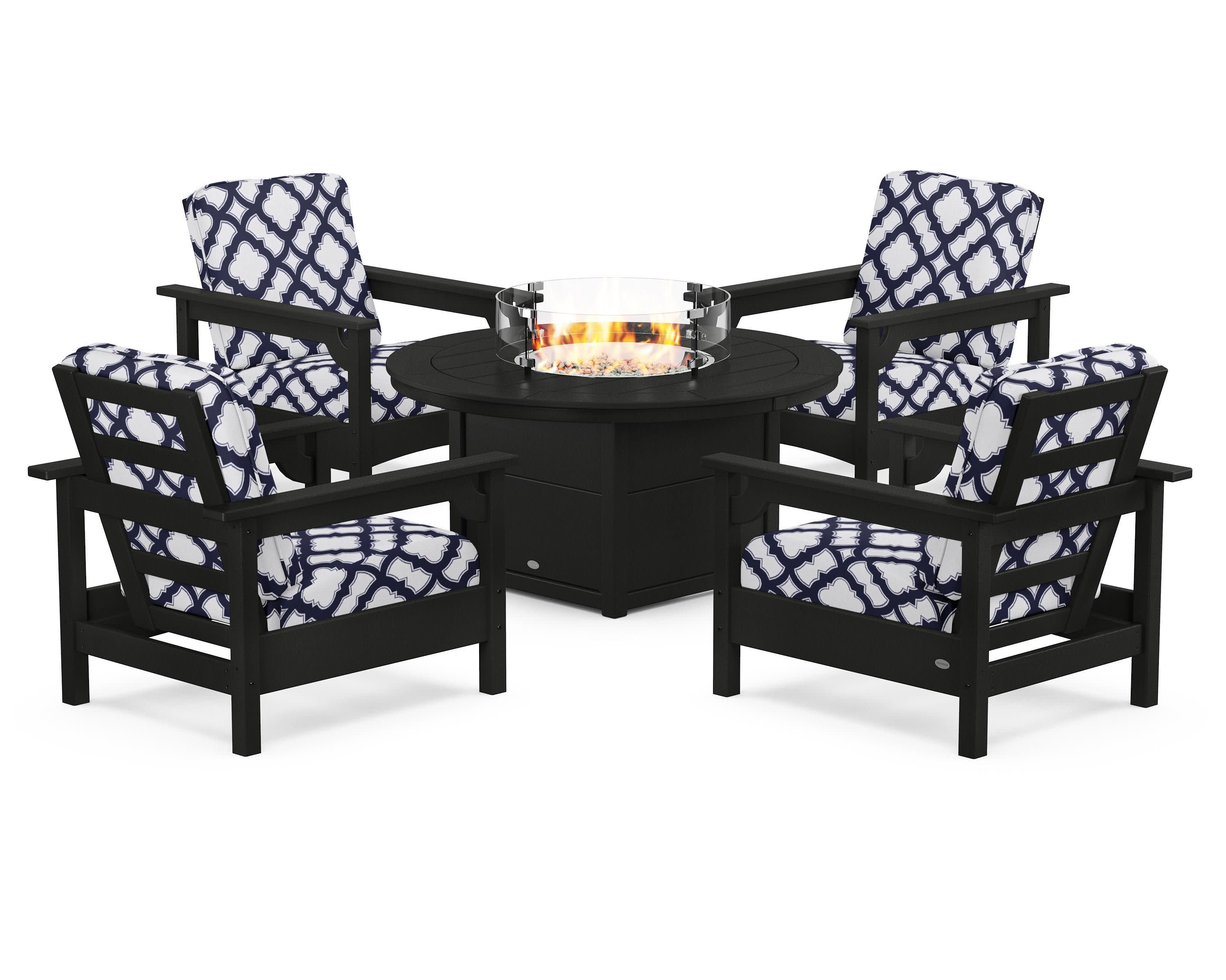 Club 5-Piece Conversation Set with Fire Pit Table in Black / Trellis Navy