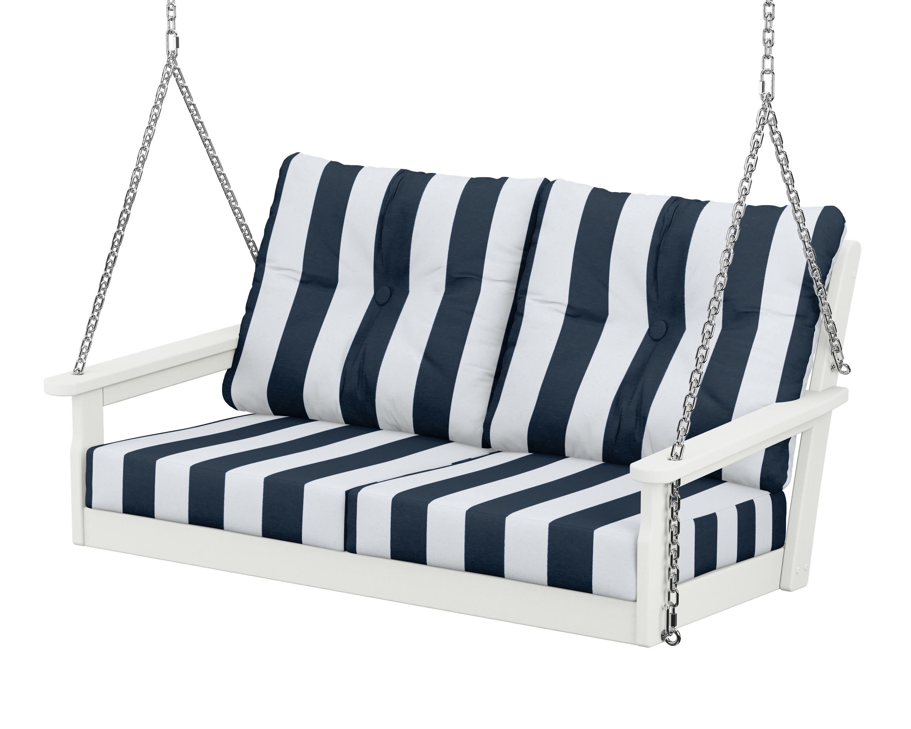 Vineyard Deep Seating Swing in Vintage White / Cabana Stripe Marine Indigo