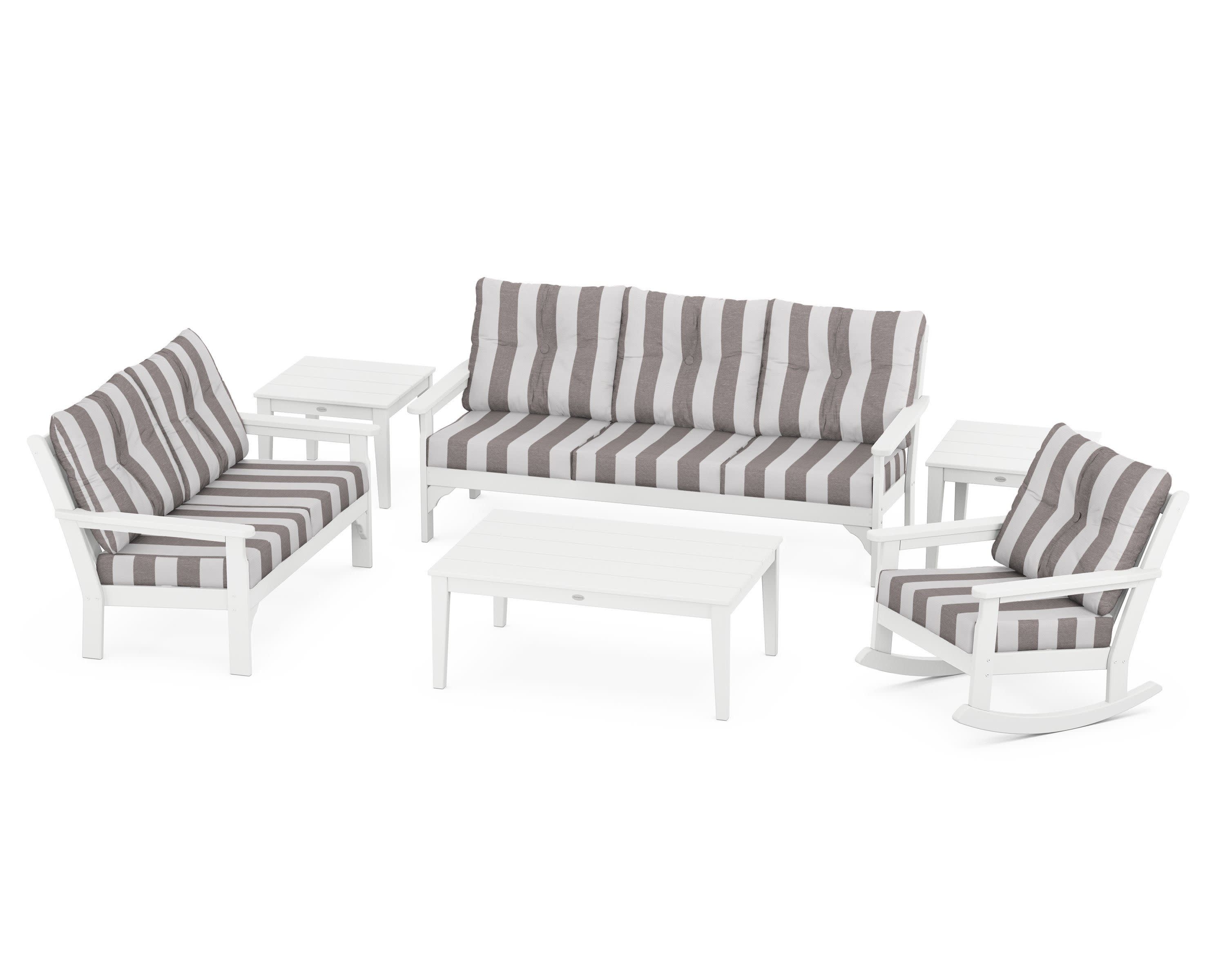 Vineyard 6-Piece Deep Seating Set in White / Cabana Stripe Grey Mist