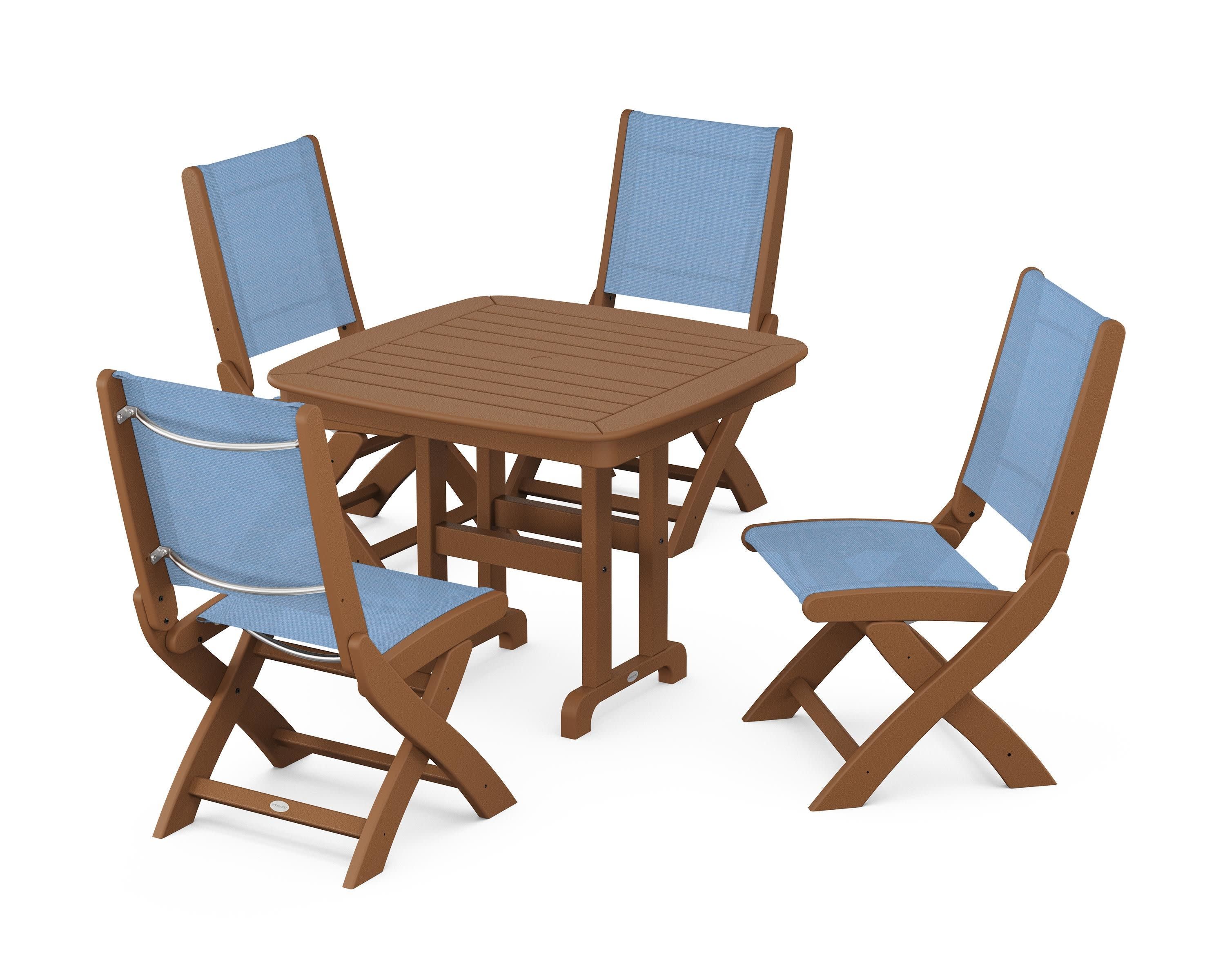Coastal Folding Side Chair 5-Piece Dining Set in Teak / Poolside Sling