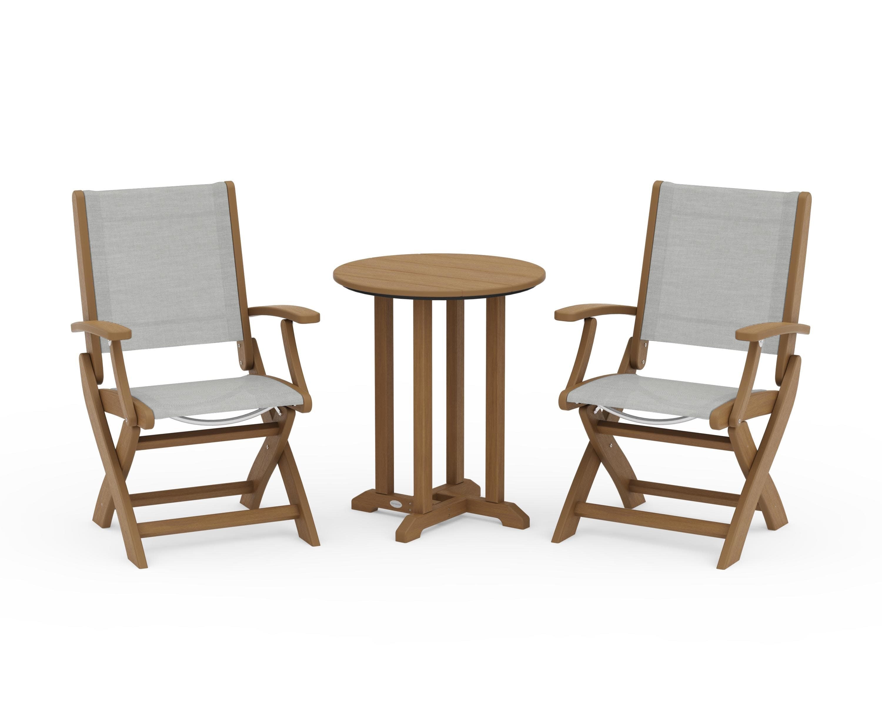 Coastal Folding 3-Piece Round Bistro Dining Set in Natural / Metallic Sling