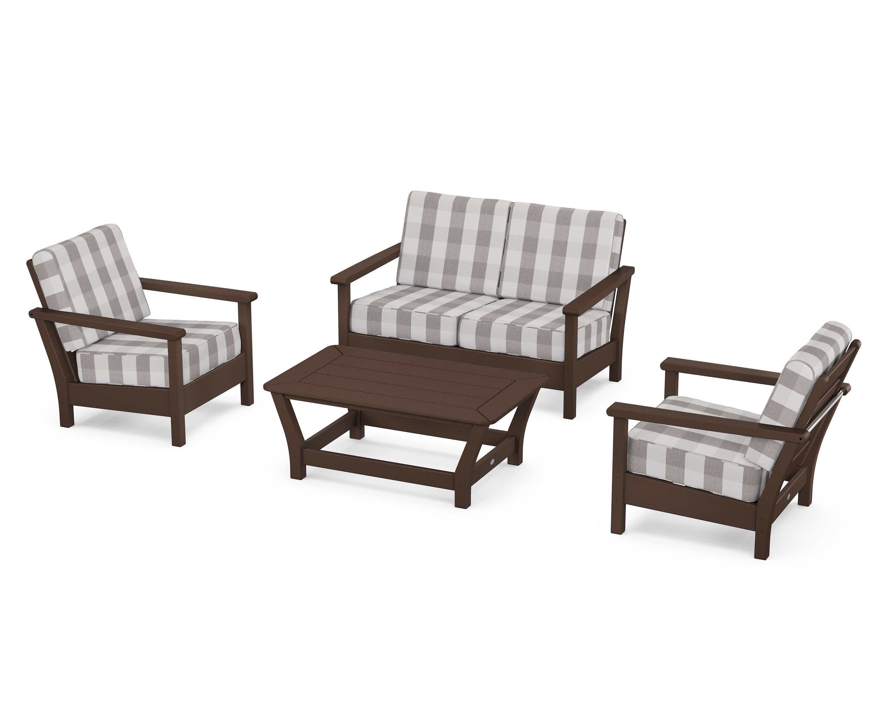 Harbour 4-Piece Deep Seating Set in Mahogany / Buffalo Plaid Grey Mist