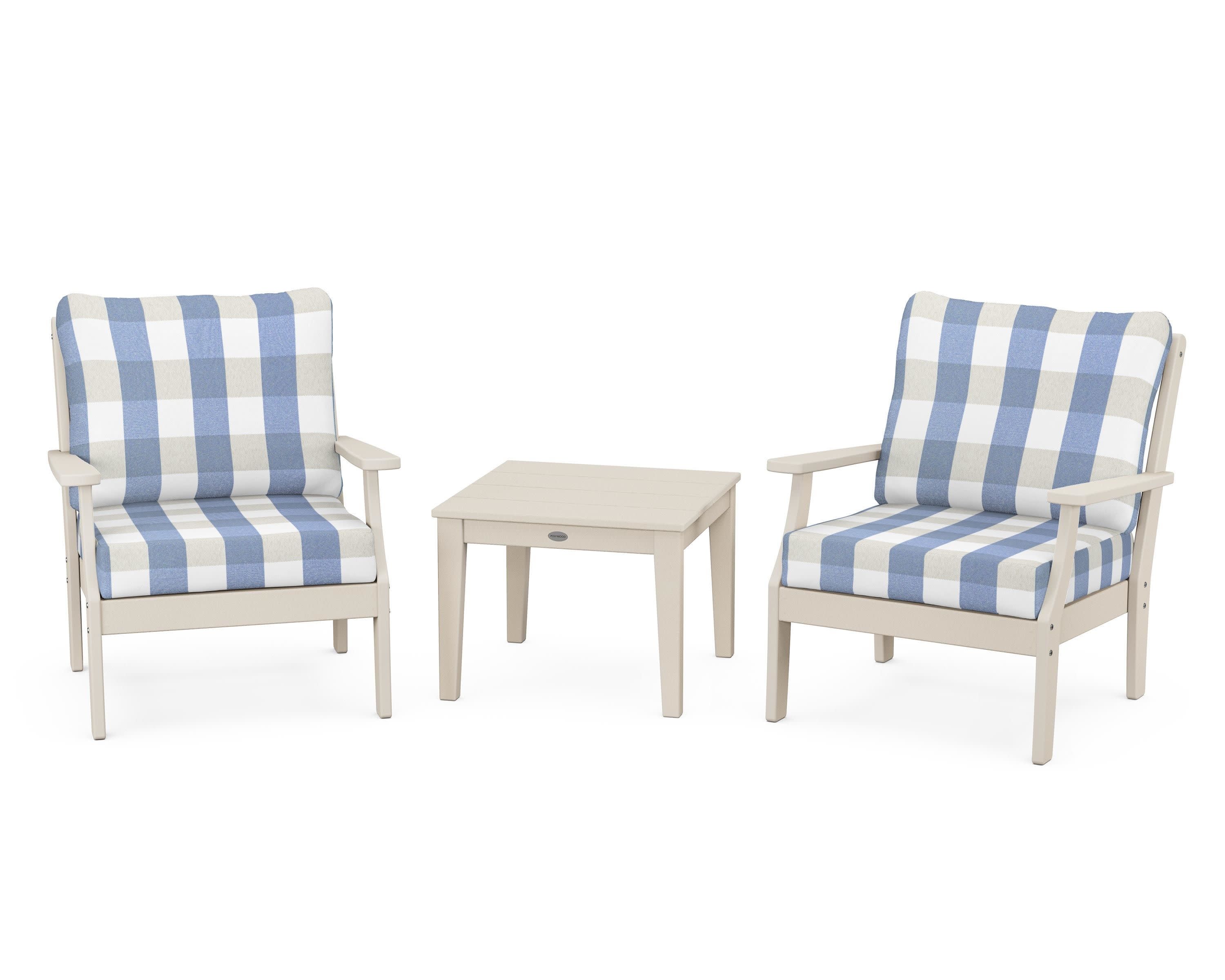 Braxton 3-Piece Deep Seating Set in Sand / Buffalo Plaid Sky Blue