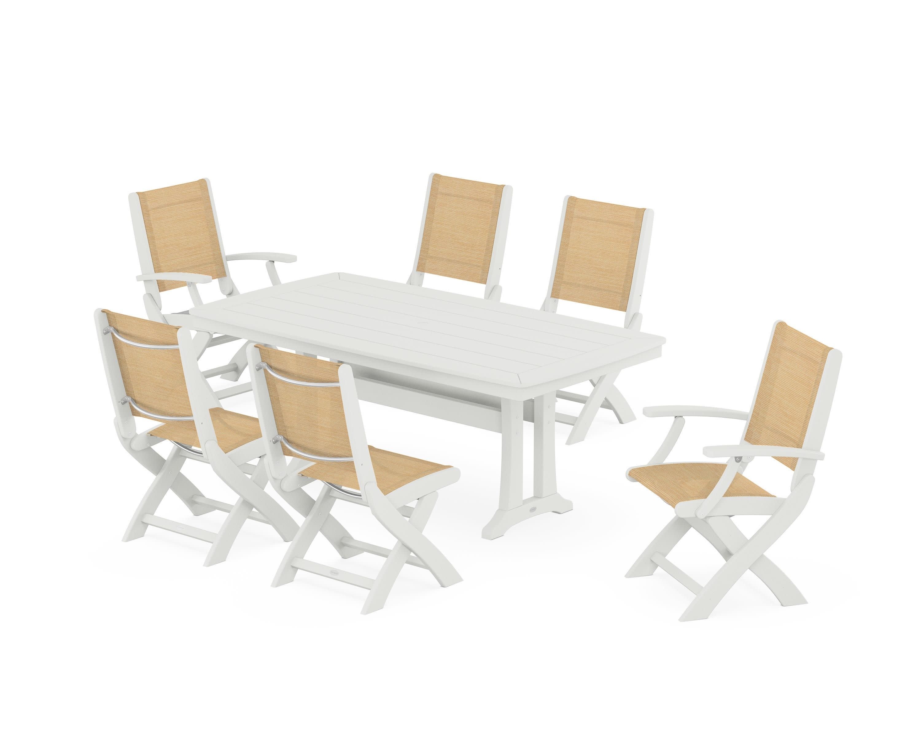Coastal Folding Chair 7-Piece Dining Set with Trestle Legs in Vintage White / Dupioni Apricot Sling