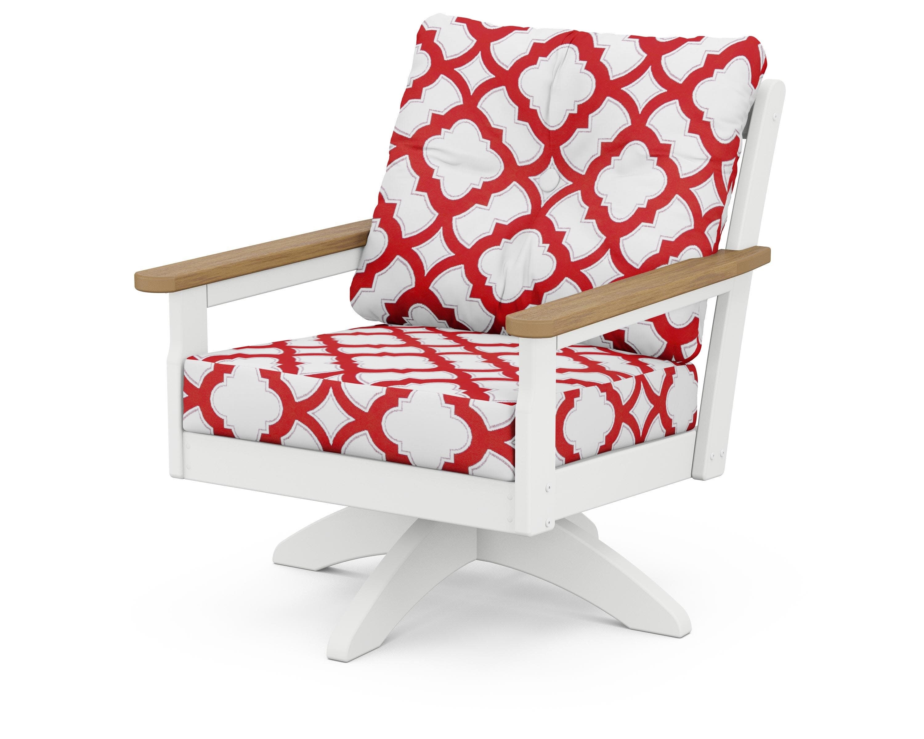 Vineyard Deep Seating Swivel Chair in White / Natural / Trellis Crimson