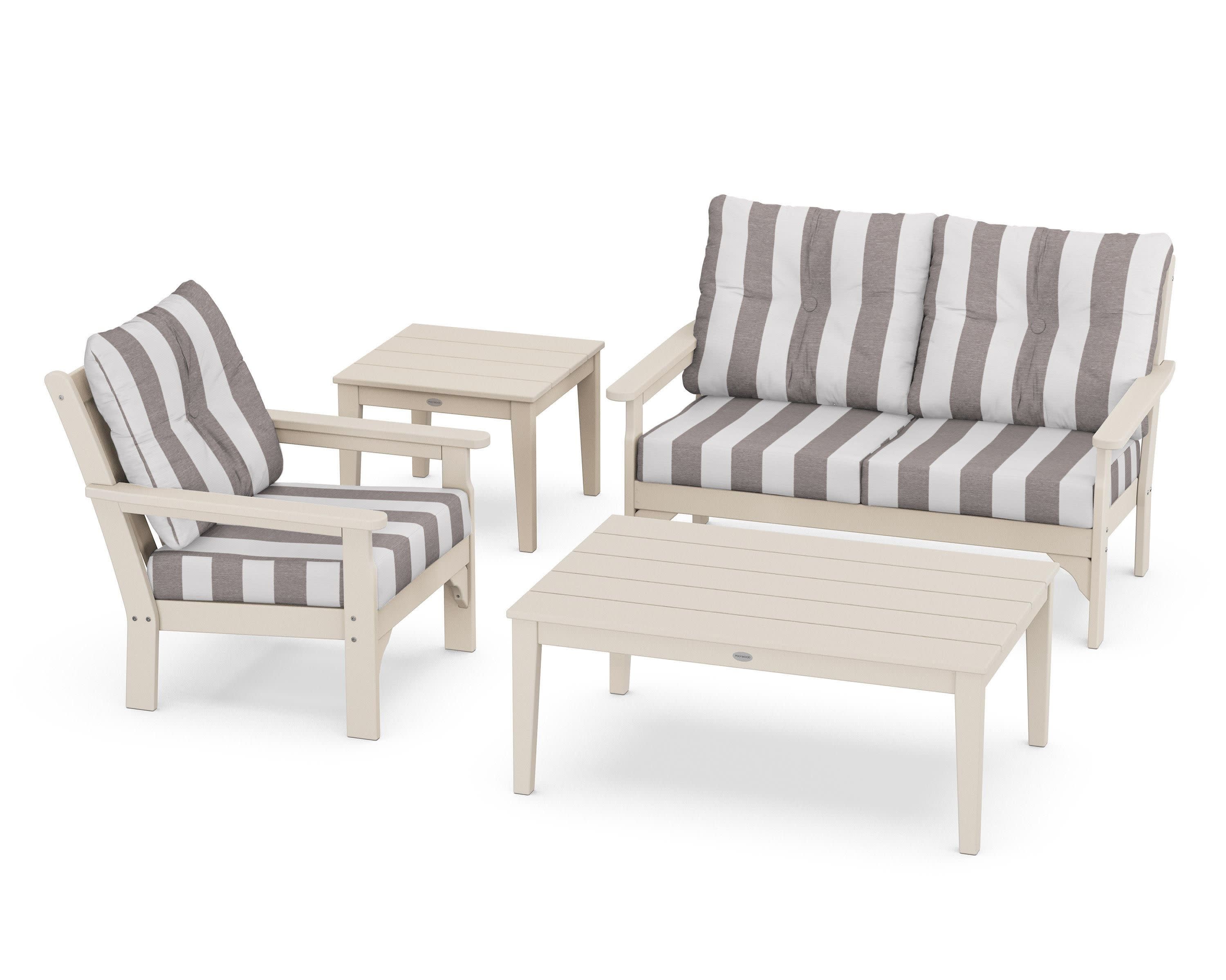 Vineyard 4-Piece Deep Seating Set in Sand / Cabana Stripe Grey Mist