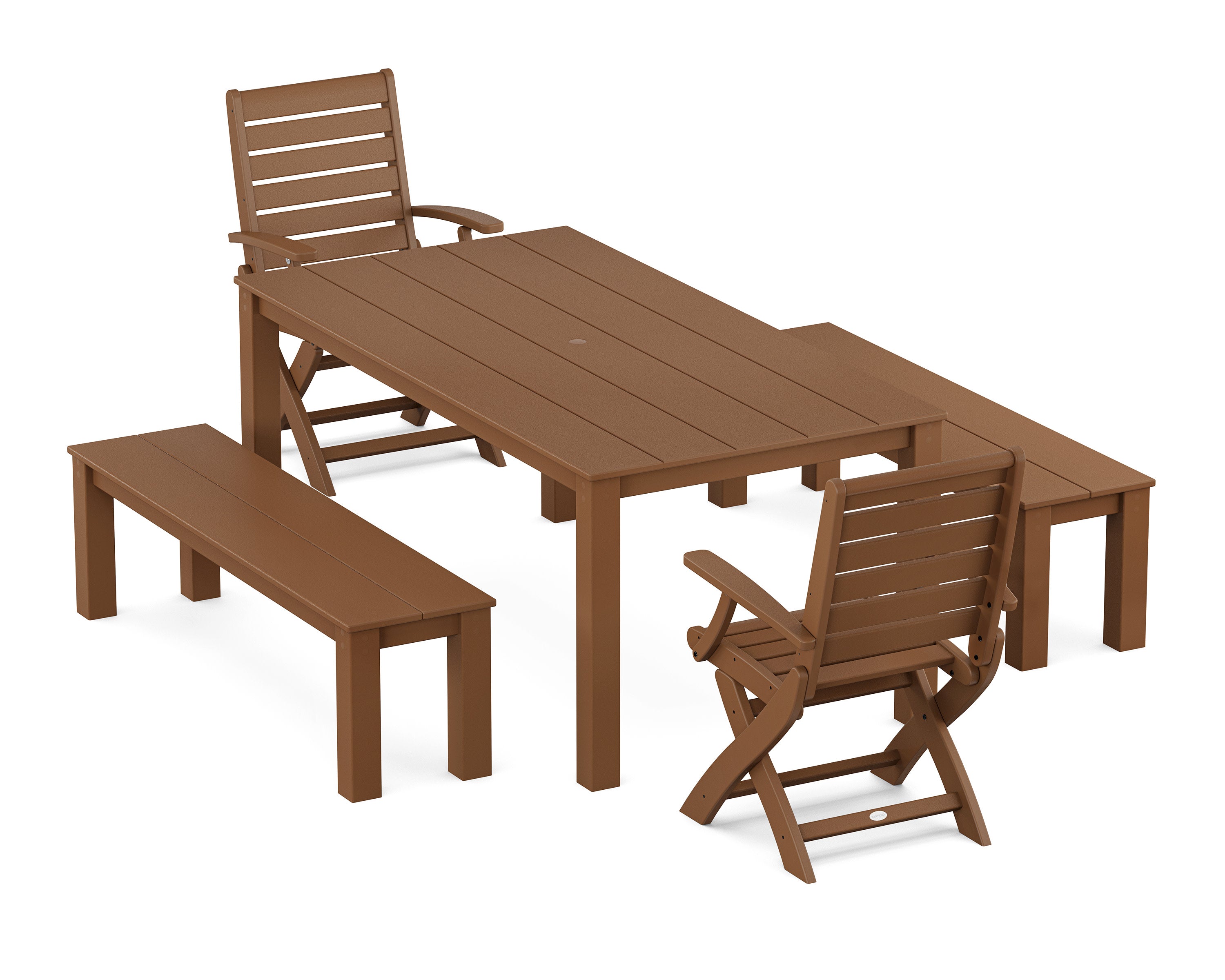 Signature Folding Chair 5-Piece Parsons Dining Set with Benches in Teak